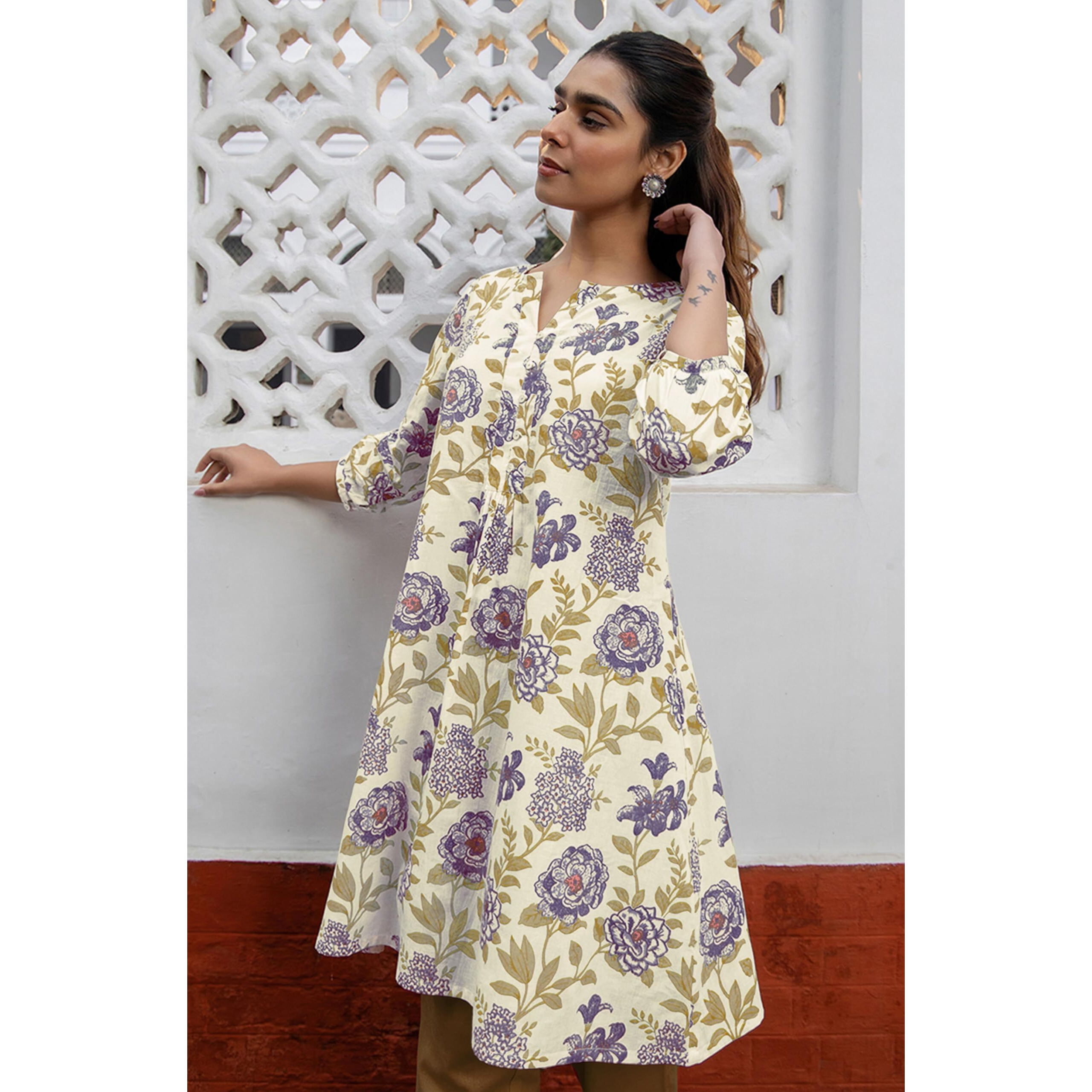 Janasya Women's Off White Pure Cotton Floral Printed A-Line Tunic (JAC24TU01380-3XL)