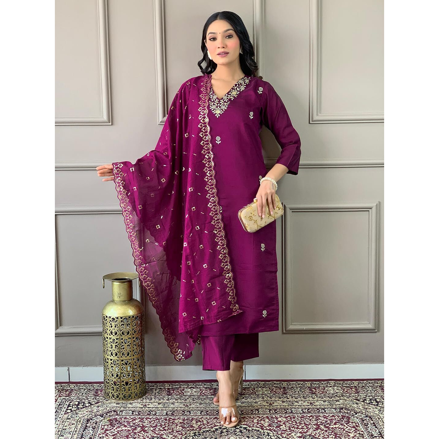 Naixa Women's Wine Viscose Chanderi Embroidered Straight Kurta with Viscose Chanderi Pant and Chanderi Embroidered Dupatta Sets (S-Zarna-Wine-XL)