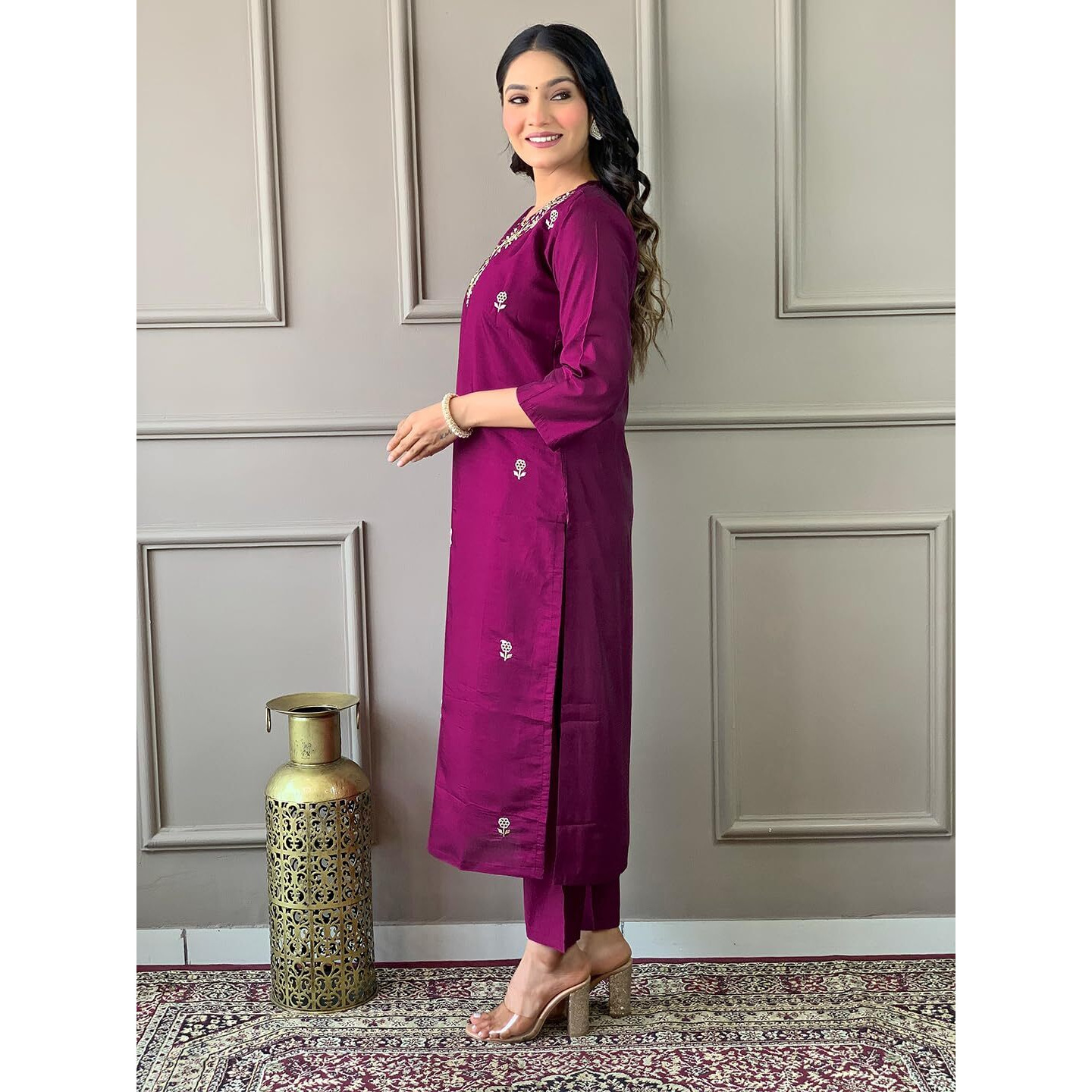 Naixa Women's Wine Viscose Chanderi Embroidered Straight Kurta with Viscose Chanderi Pant and Chanderi Embroidered Dupatta Sets (S-Zarna-Wine-XL)