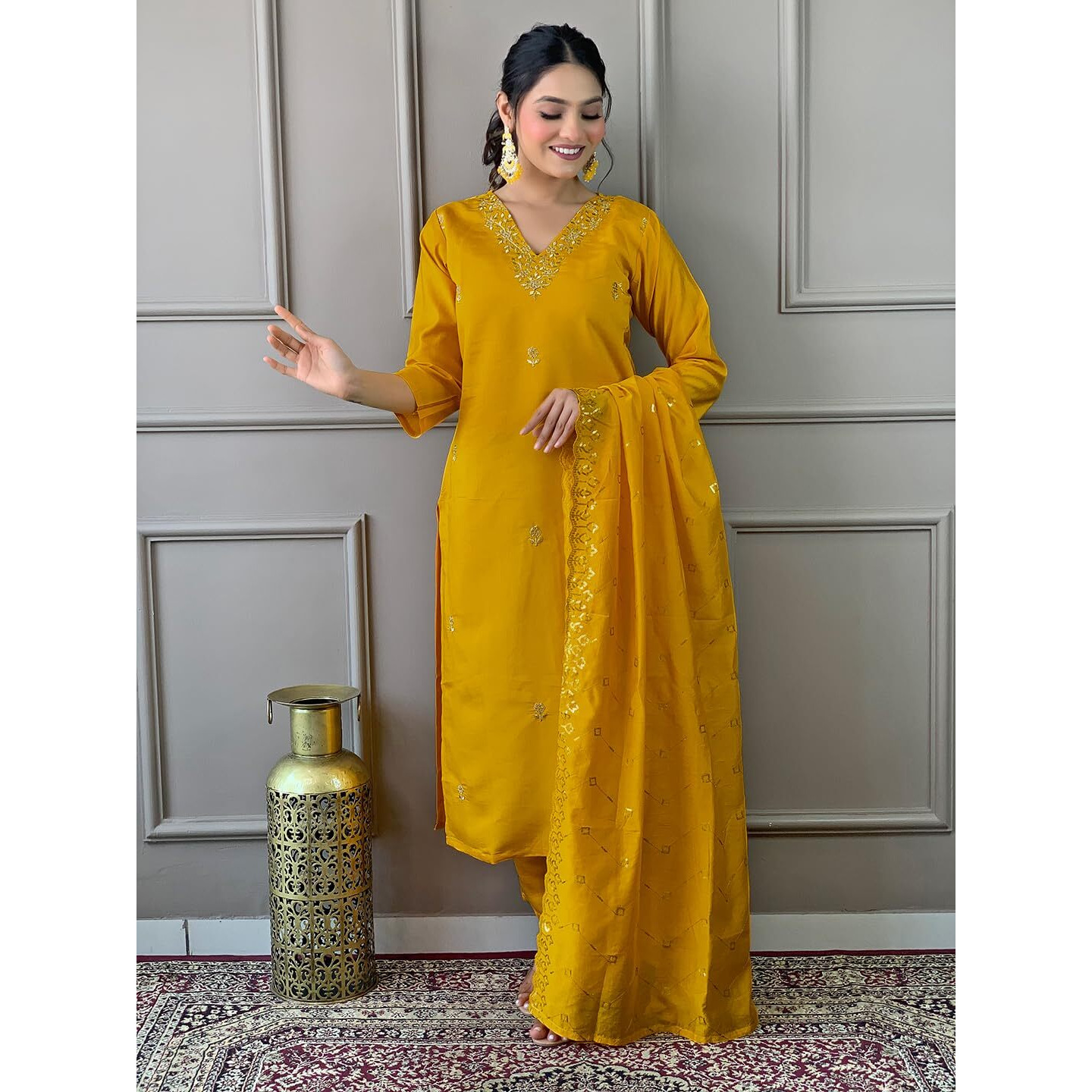 Naixa Women's Mustard Viscose Chanderi Embroidered Straight Kurta with Viscose Chanderi Pant and Chanderi Embroidered Dupatta Sets (S-Zarna-Mustard-L)