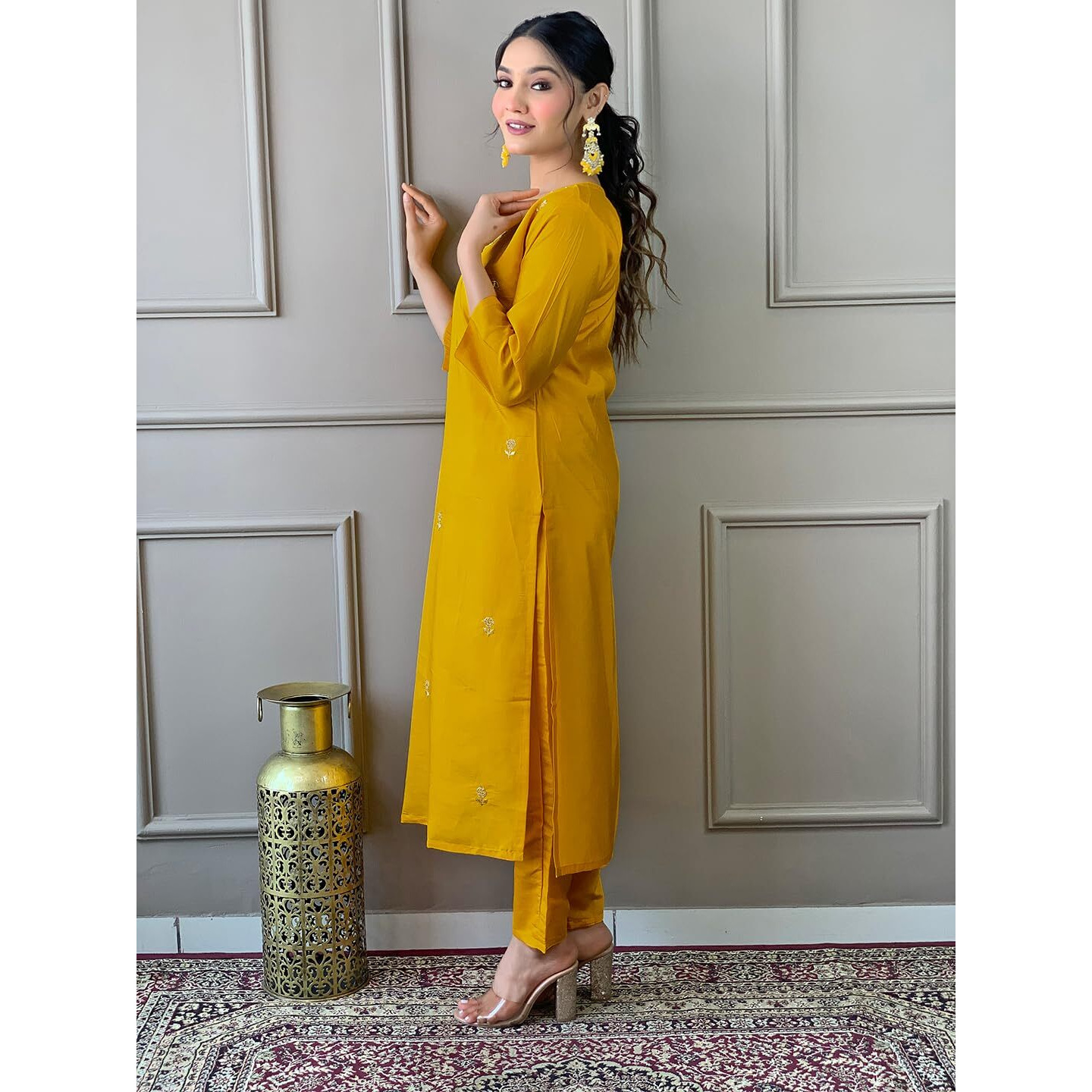 Naixa Women's Mustard Viscose Chanderi Embroidered Straight Kurta with Viscose Chanderi Pant and Chanderi Embroidered Dupatta Sets (S-Zarna-Mustard-L)