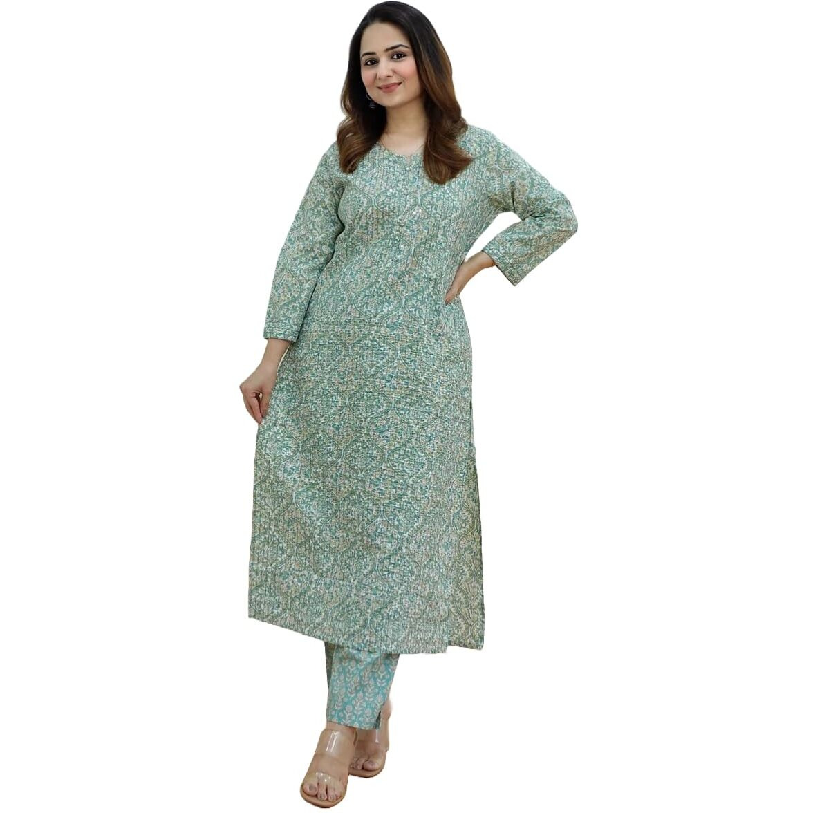 KLOSIA Women Embroiderd Kurta and Pant Set (Medium) Green