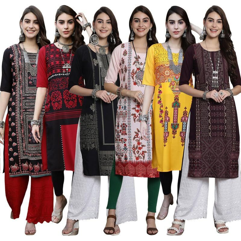 Pinkmint Women's Crepe Digital Print Straight Kurta [Pack of 6]