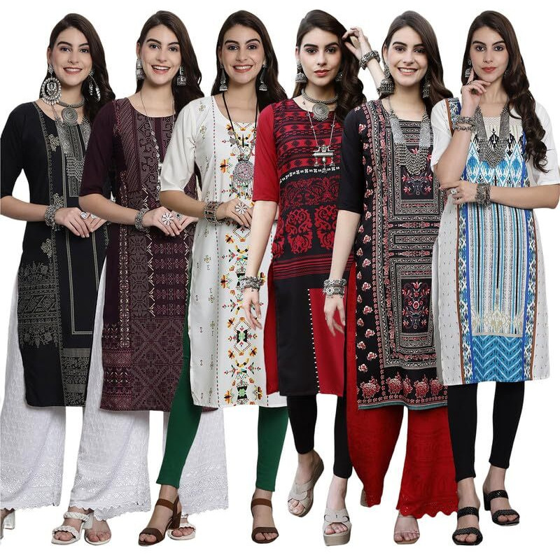 Pinkmint Women's Crepe Digital Print Straight Kurta [Pack of 6]