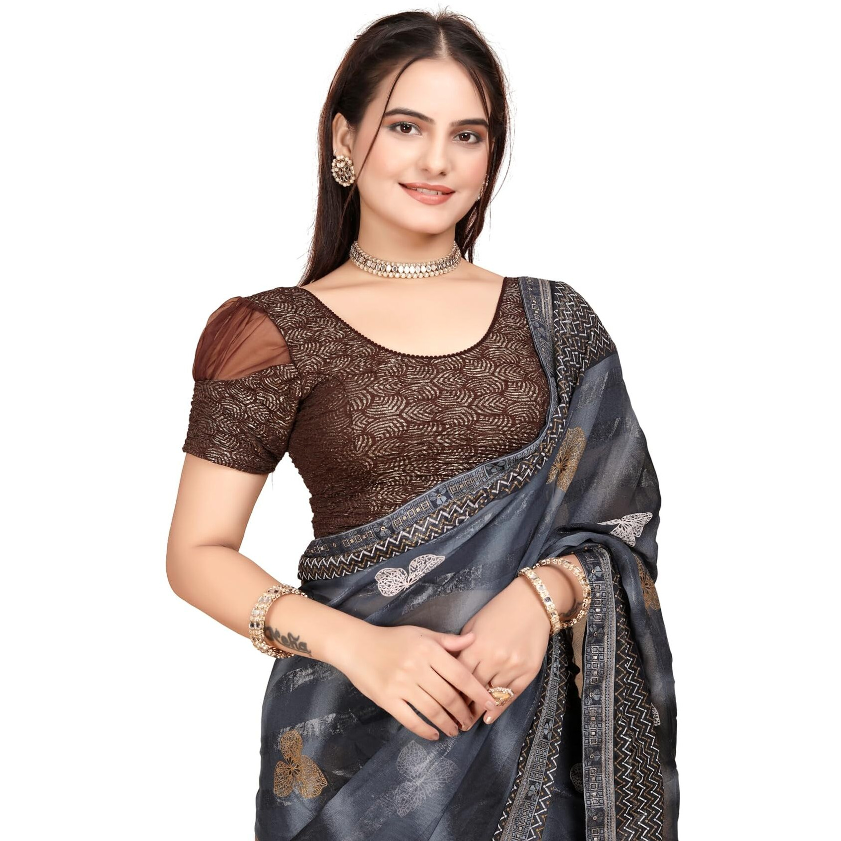 Sft Short Sleeve with Organza Patch Sleeve Readymade Saree Blouse for Women Stylish (CH1095