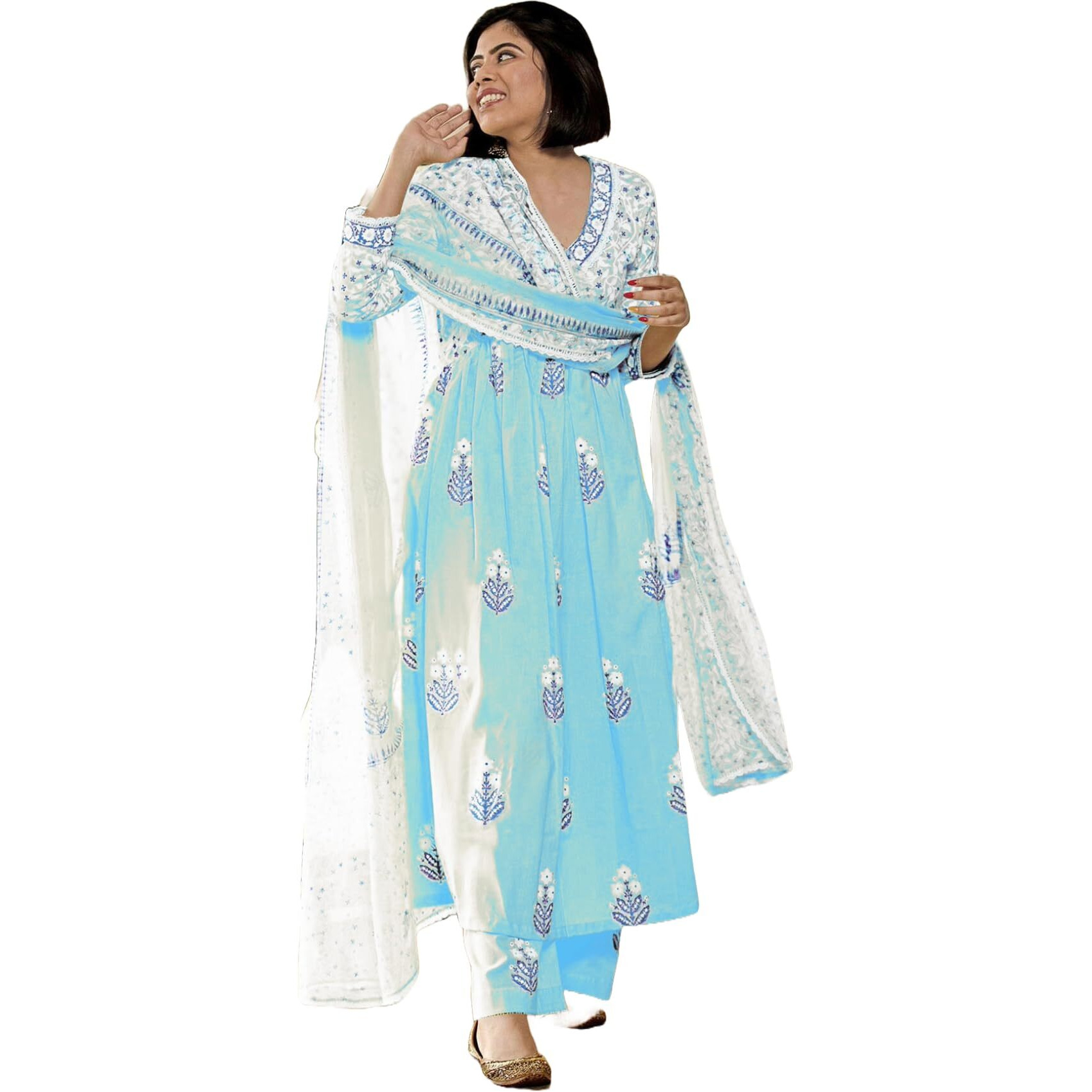 GoSriKi Women's Rayon Blend Anarkali Printed Kurta with Pant & Dupatta (Renu Sky Blue-GS_XL_Sky Blue_X-Large)