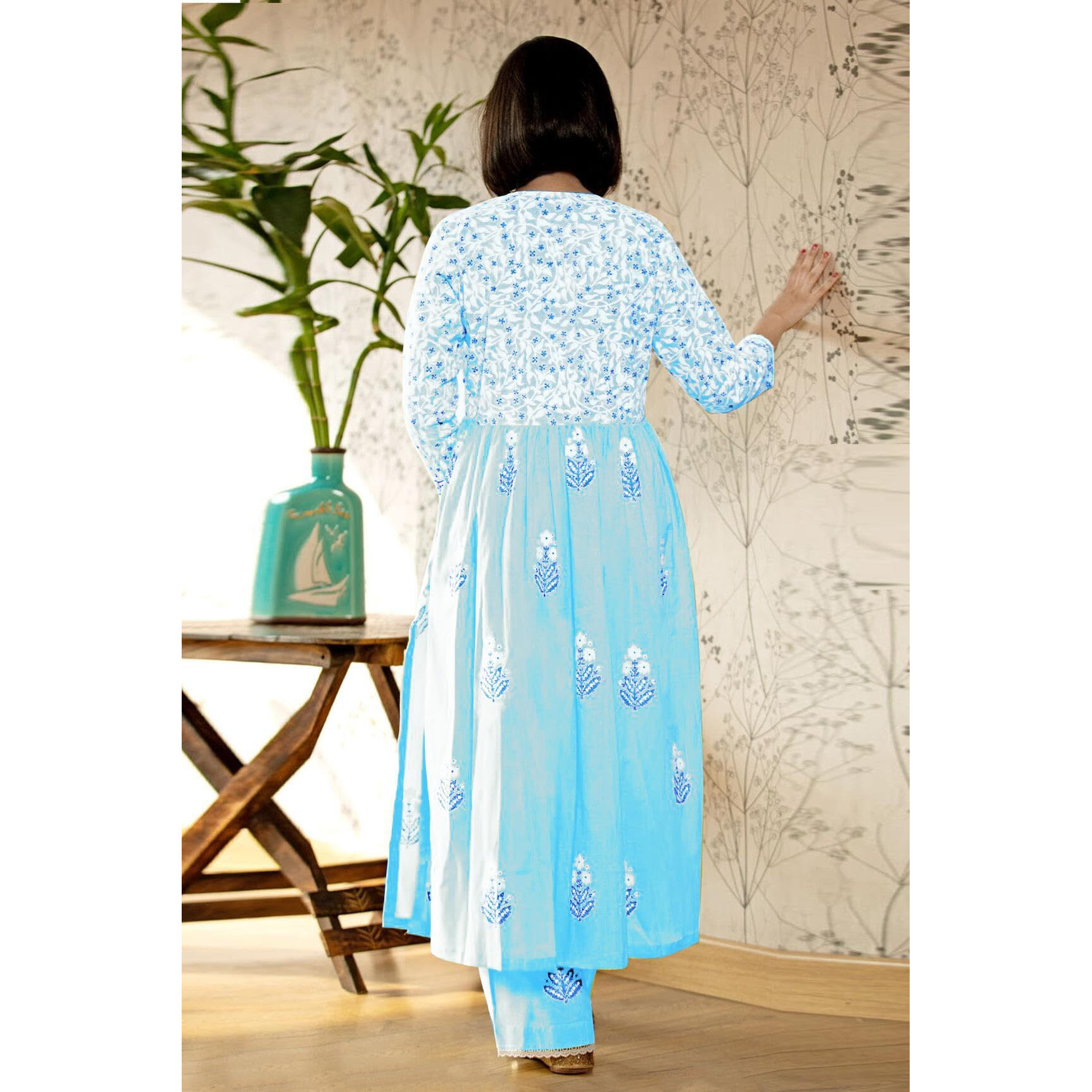 GoSriKi Women's Rayon Blend Anarkali Printed Kurta with Pant & Dupatta (Renu Sky Blue-GS_XL_Sky Blue_X-Large)