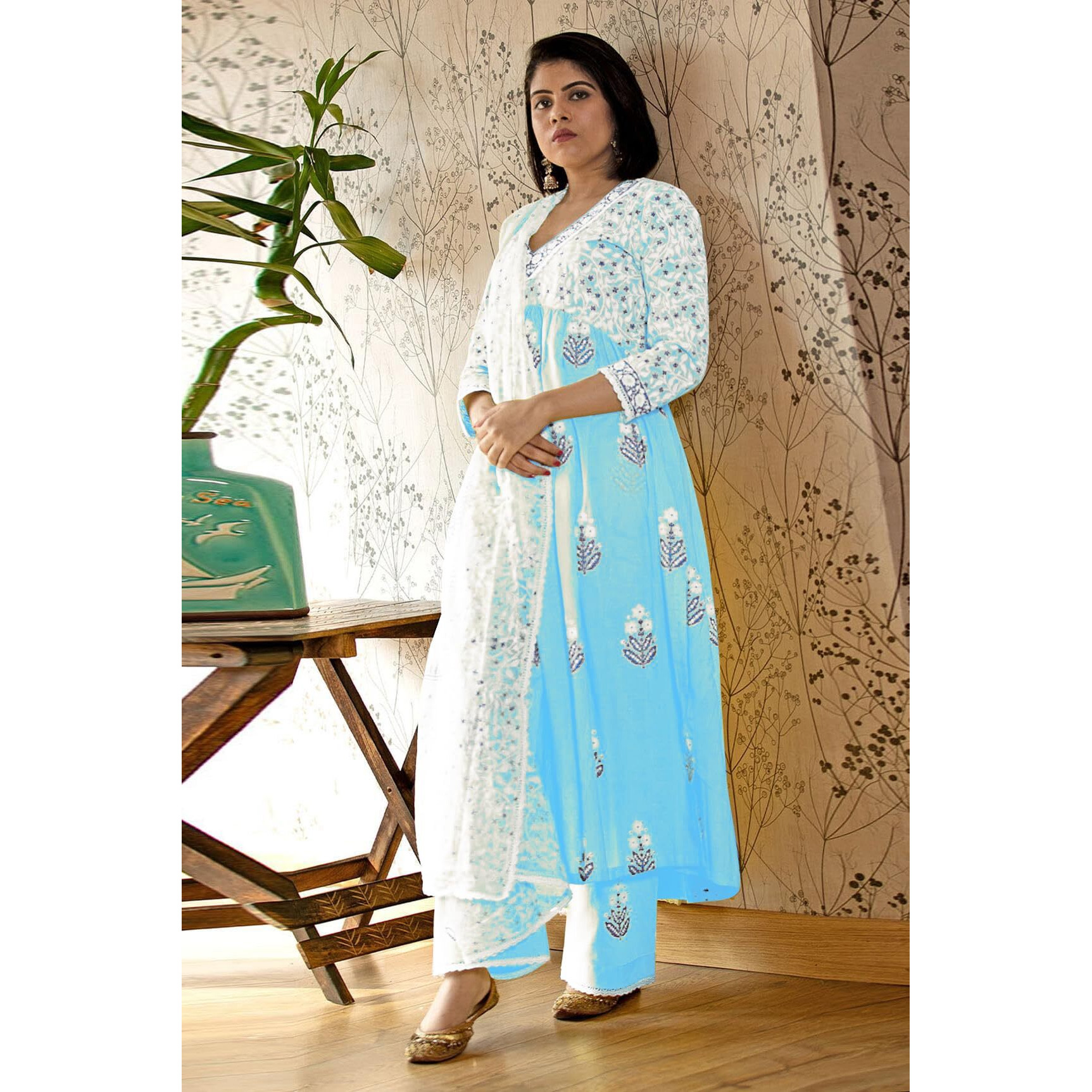 GoSriKi Women's Rayon Blend Anarkali Printed Kurta with Pant & Dupatta (Renu Sky Blue-GS_XL_Sky Blue_X-Large)