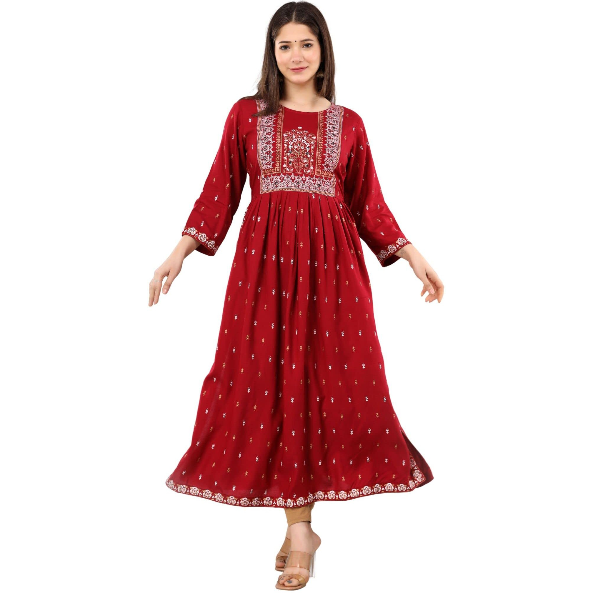 rytras Women's Rayon Printed Flared Kurti(Maroon,S)