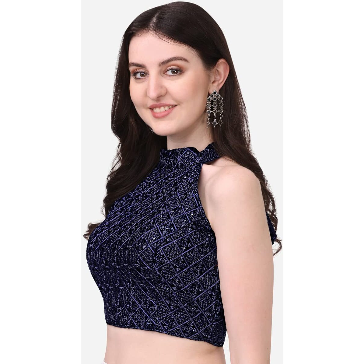 Pujia Mills Women's Halter Neck Chickenkari Sequins Work Readymade Saree Blouse (Navy Blue, 32)