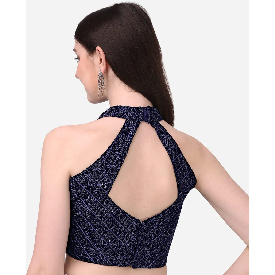 Pujia Mills Women's Halter Neck Chickenkari Sequins Work Readymade Saree Blouse (Navy Blue, 32)