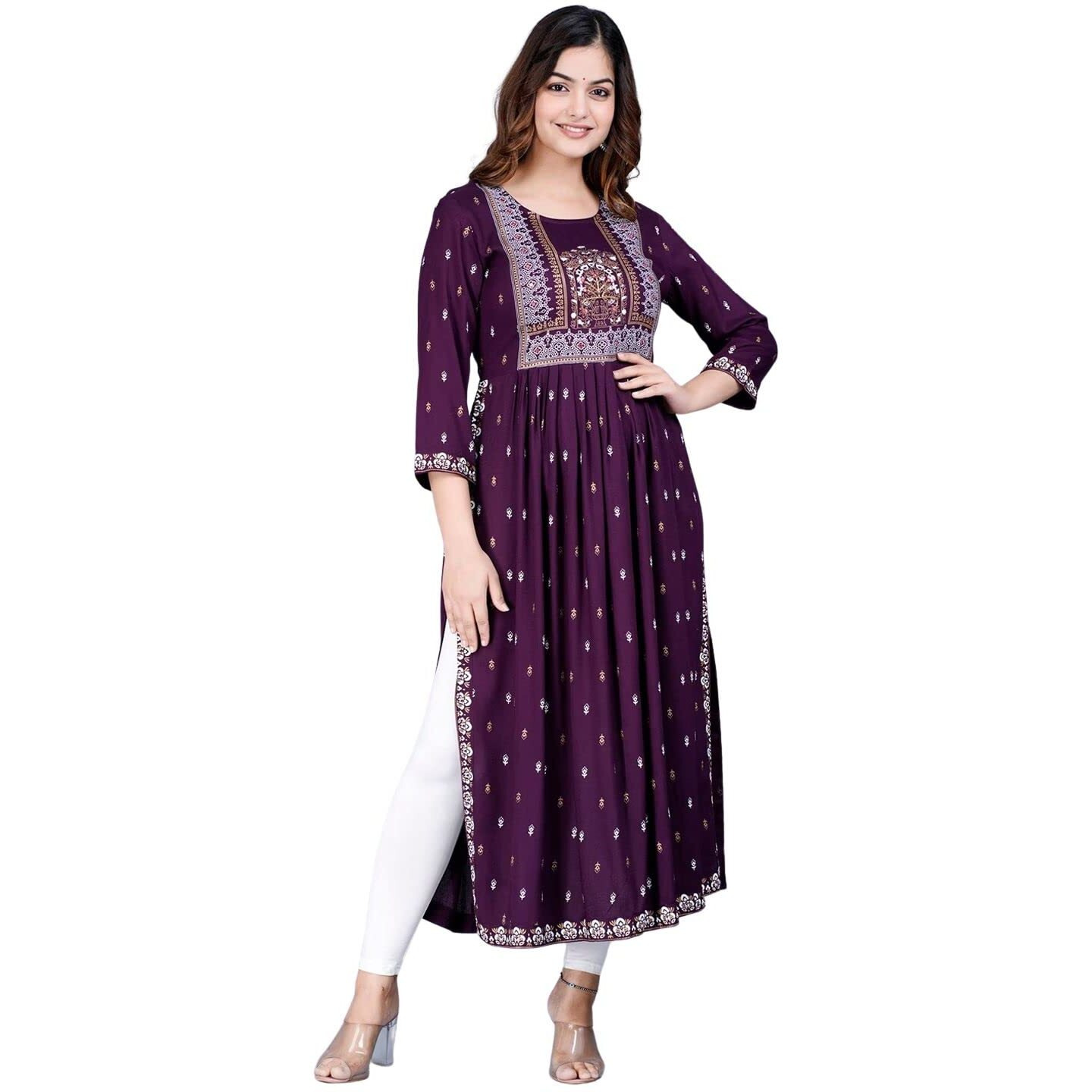 rytras Women's Rayon Printed Flared Kurti(Purple,S)