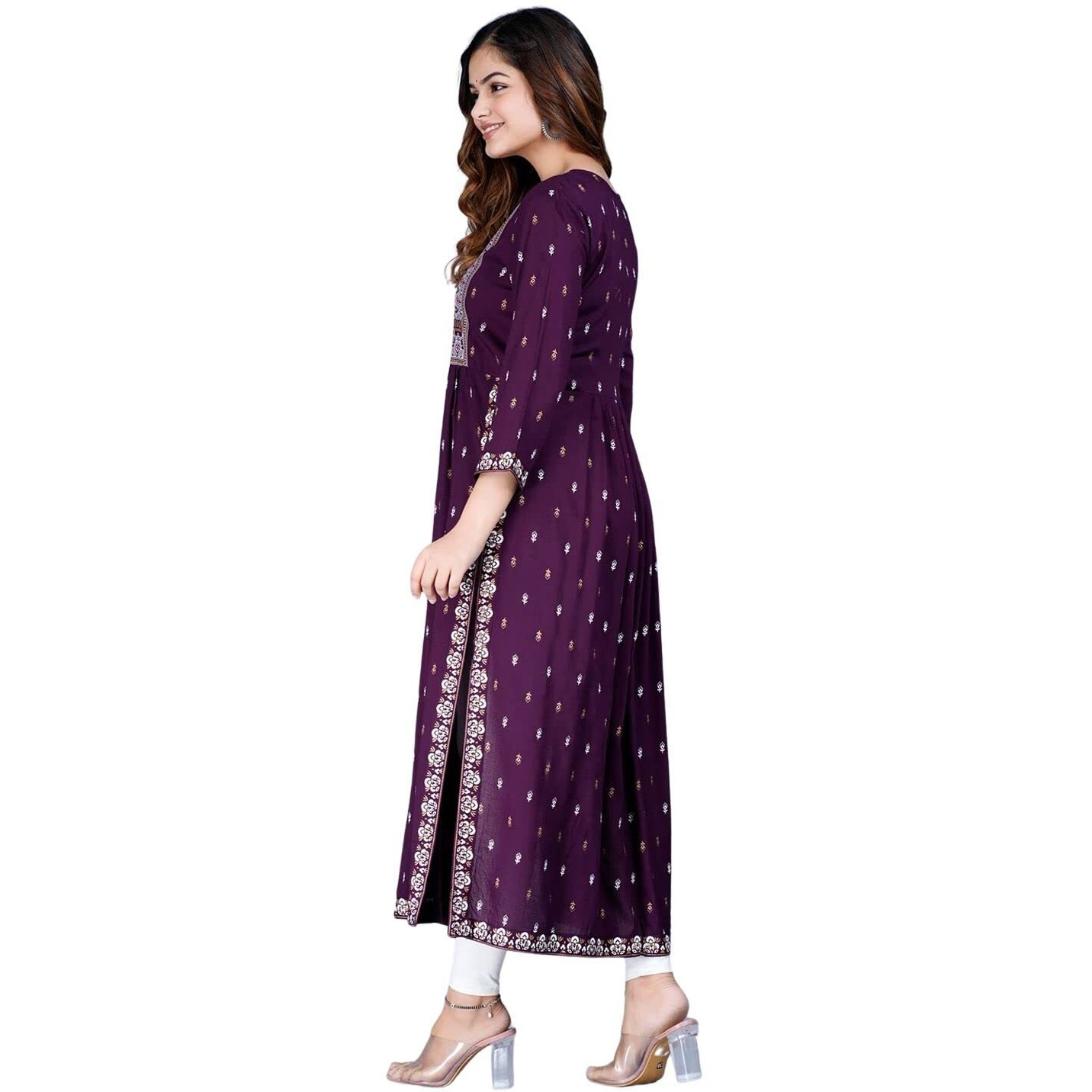 rytras Women's Rayon Printed Flared Kurti(Purple,S)