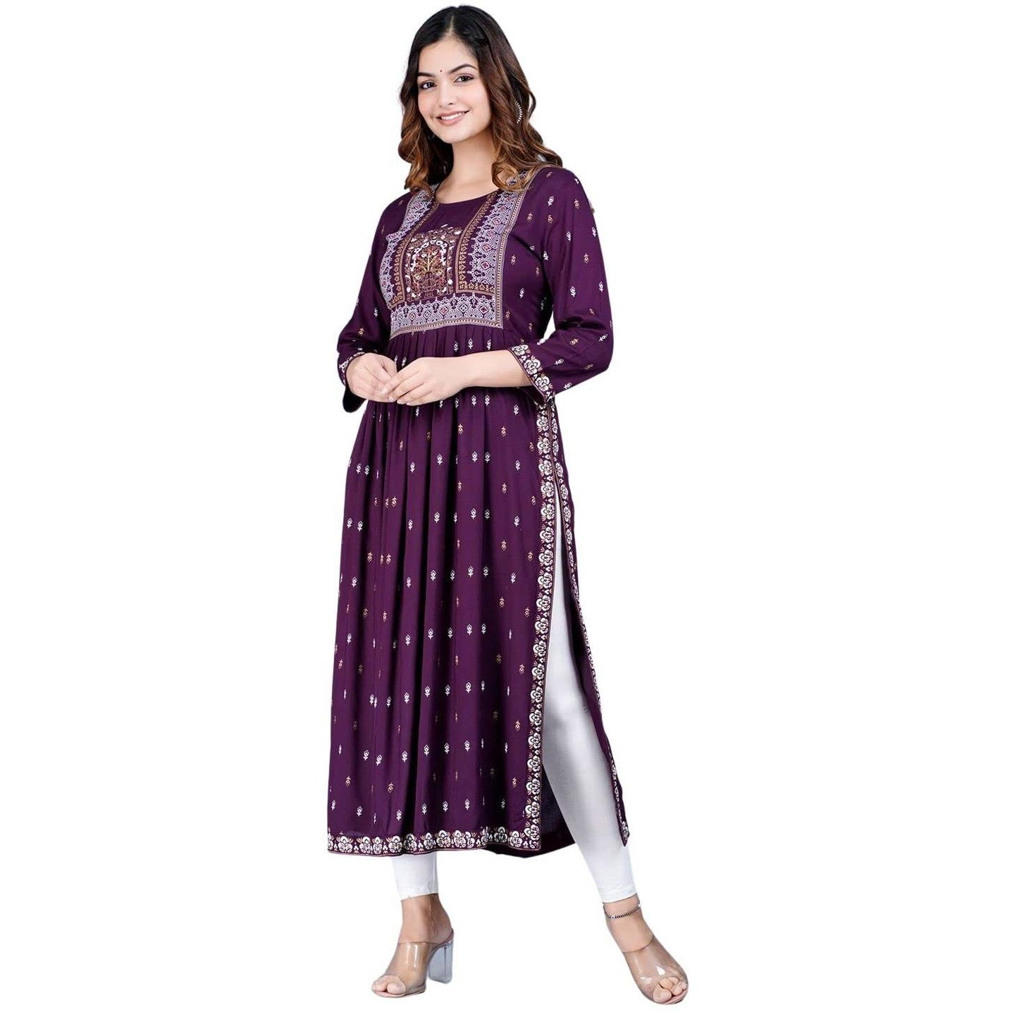 rytras Women's Rayon Printed Flared Kurti(Purple,S)