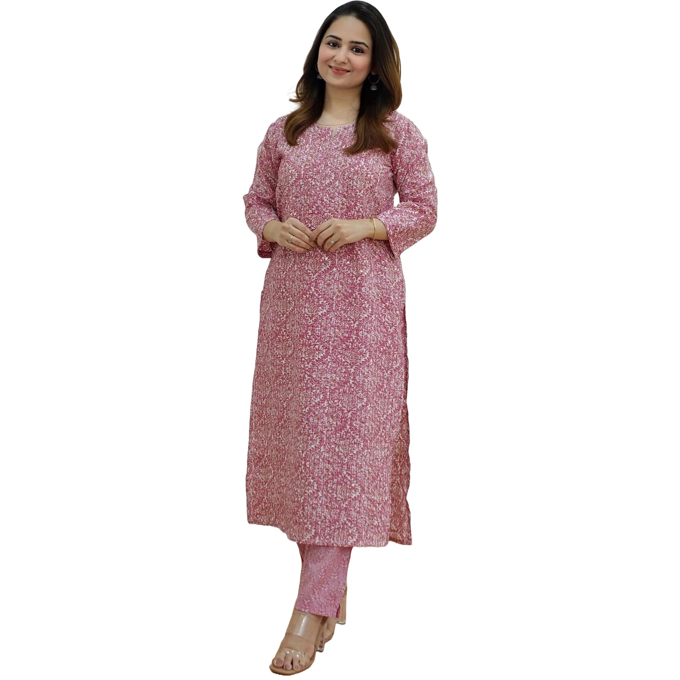KLOSIA Women Embroidery with Printed Kurta and Pant Set (Small) Pink