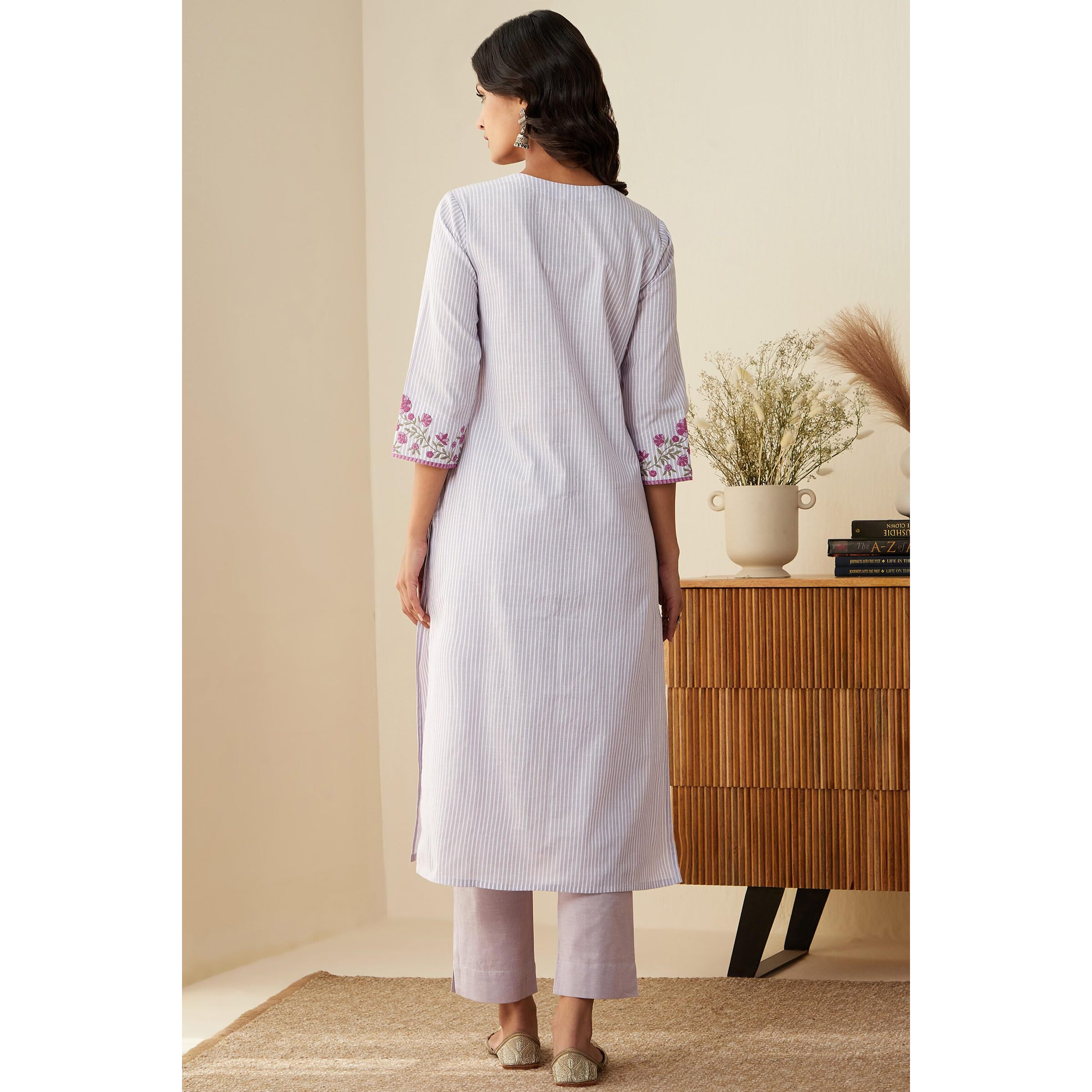 GoSriKi Women's Cotton Blend Embroidered Straight Kurta with Pant & Dupatta (FARIGUP-Purple-GS_S_Purple_Small)