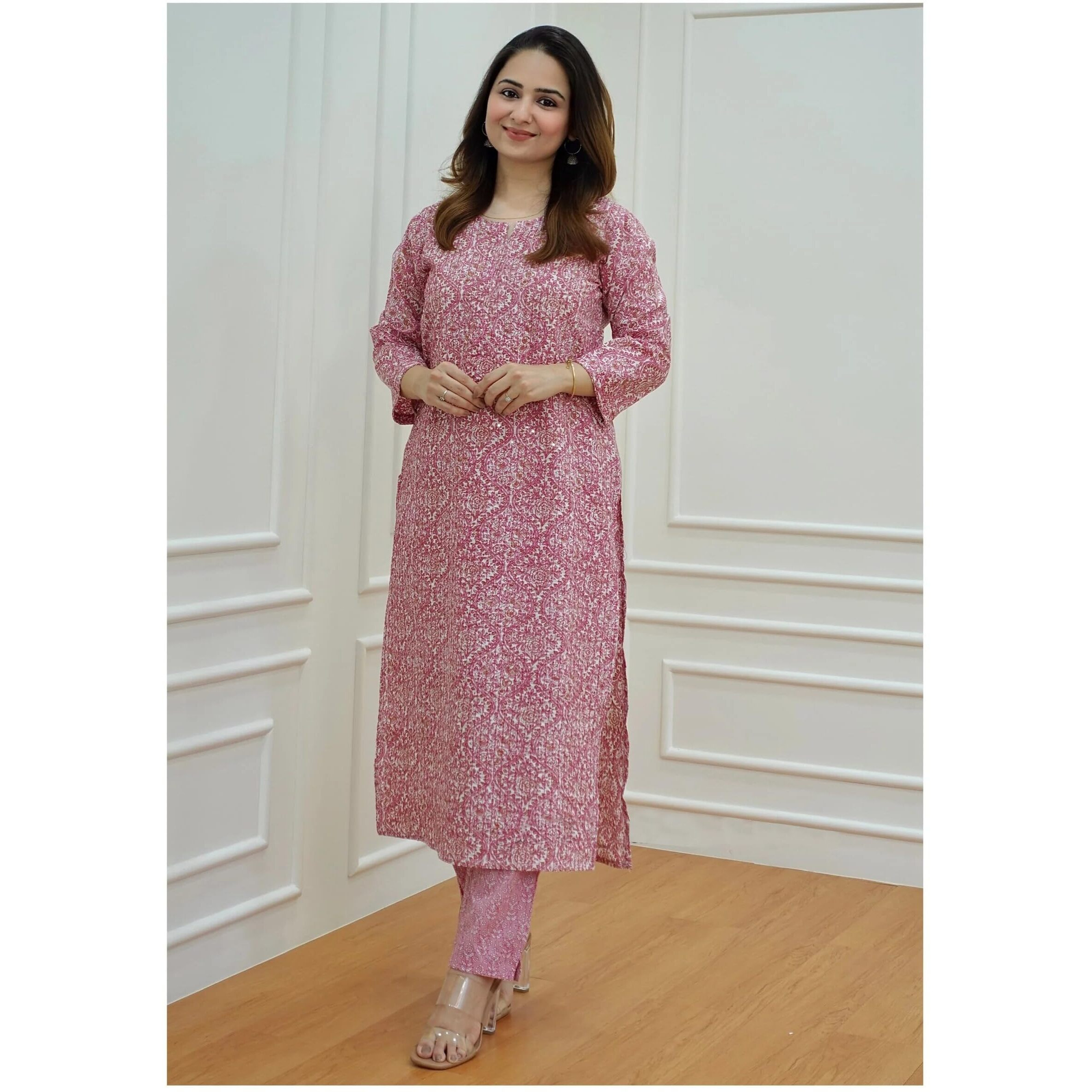 KLOSIA Women Embroidery with Printed Kurta and Pant Set (Medium) Pink