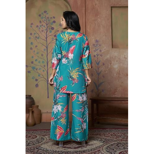 Leriya Fashion Women Ethnic Kurta Set | Rayon Co-Ord Set | Fancy Pajama Set | Pack of 2 | Floral Printed Top & Pant Set | Full Pair Set | A-line Kurta Set (Medium, Turquoise) LF-K-W1854&TR911