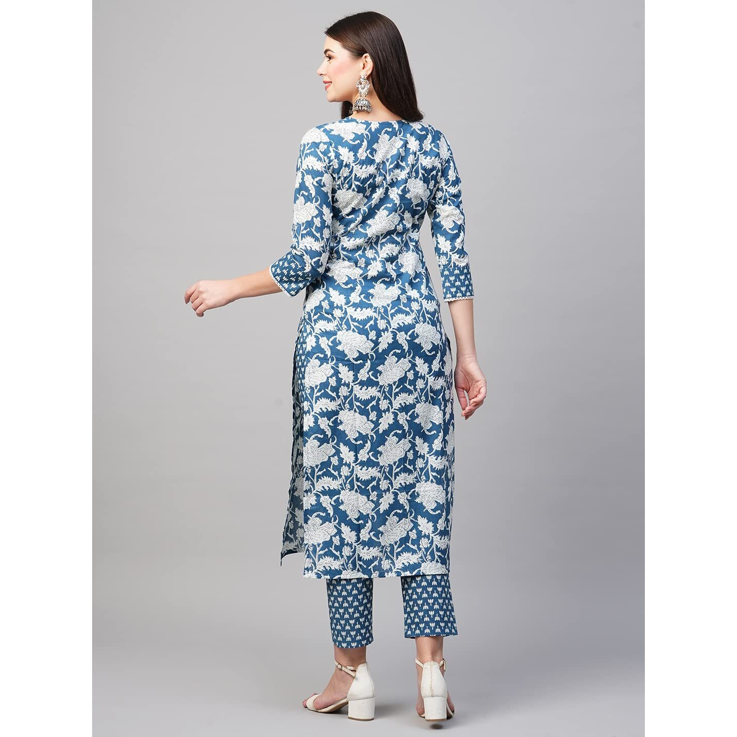 ANNI DESIGNER Women's Cotton Blend Printed Straight Kurta with Pant (Pustak Blue-Nw_M_White/Blue_Medium)