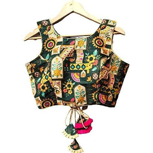 Vihu Fashion Women's Phanotm Silk Floral Sleeveless Saree Blouse (Position Print 1 Blouse_Green_38 Size)