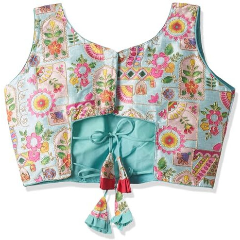 Vihu Fashion Women's Multicolor Phantom Silk deep Back Neck Digital Print Readymadev Sleeveless Saree Blouse