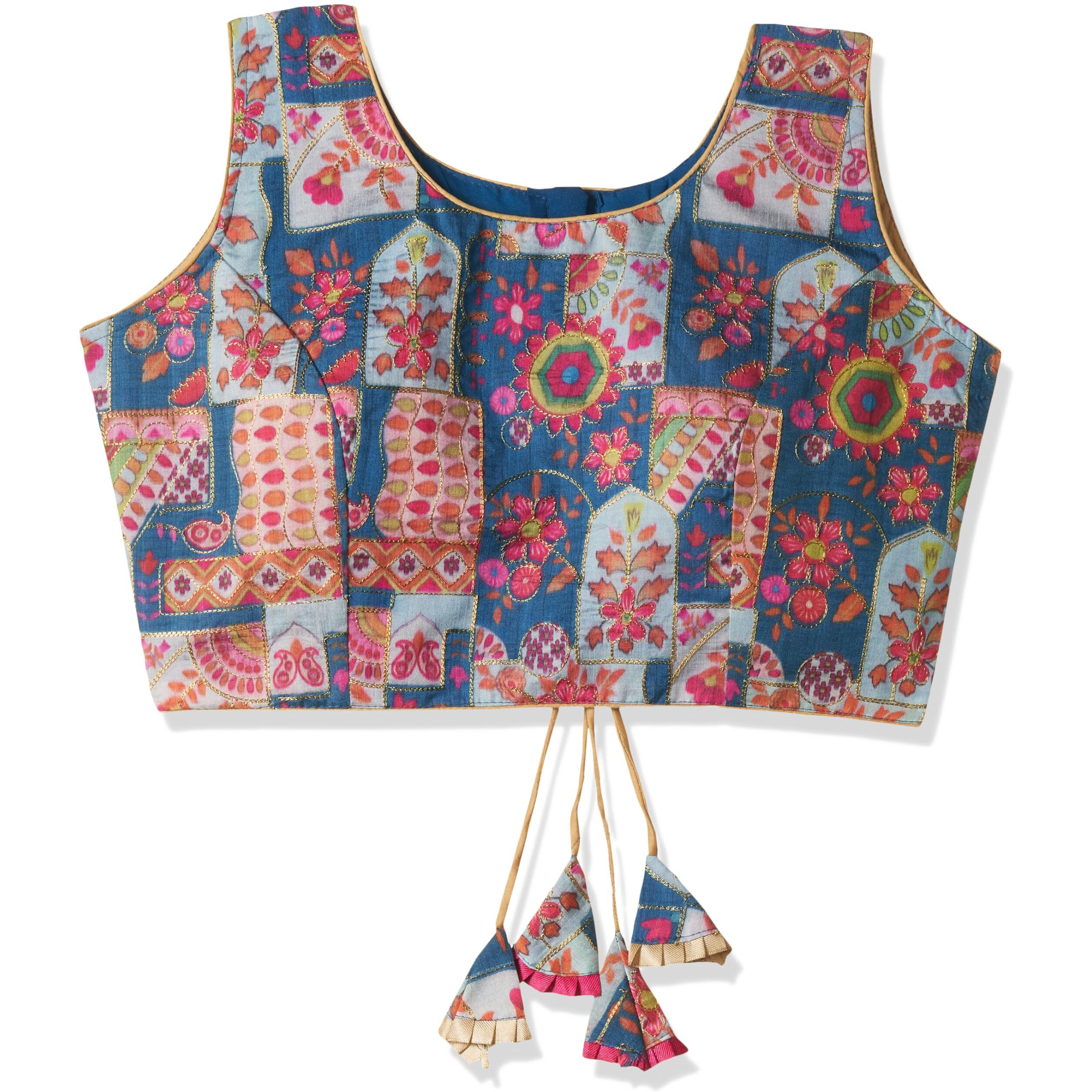 Vihu Fashion Women's Phanotm Silk Floral Sleeveless Saree Blouse (Position Print 1 Blouse_Sky Blue_38 Size)