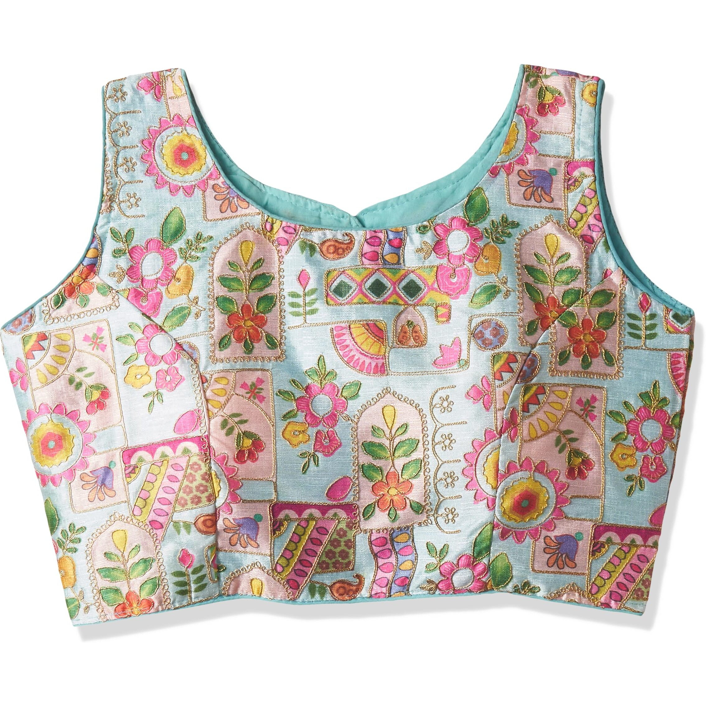 Vihu Fashion Women's Phanotm Silk Floral Sleeveless Saree Blouse (Position Print 1 Blouse_Sea Green_38 Size)