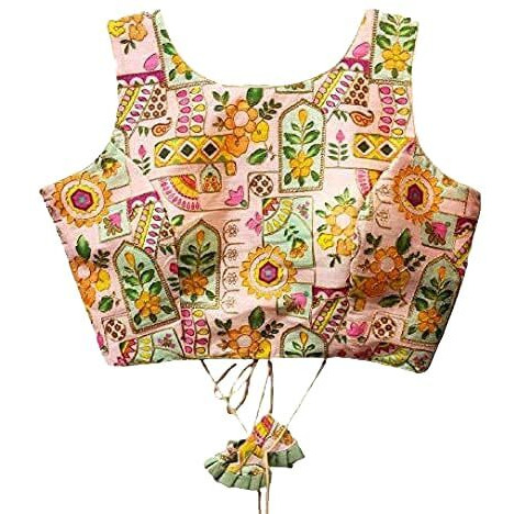 Vihu Fashion Women's Phanotm Silk Floral Sleeveless Saree Blouse (Position Print 1 Blouse_Pink_38 Size)