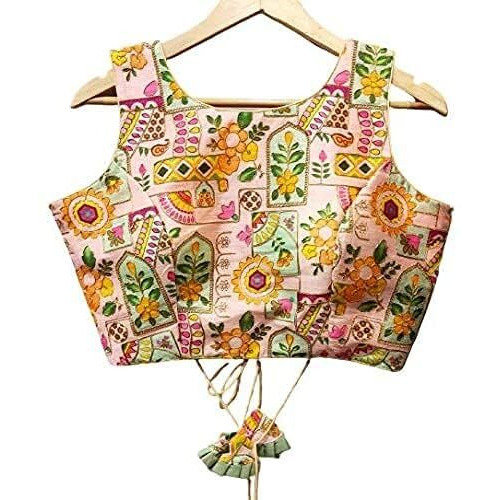 Vihu Fashion Women's Phanotm Silk Floral Sleeveless Saree Blouse (Position Print 1 Blouse_Pink_38 Size)
