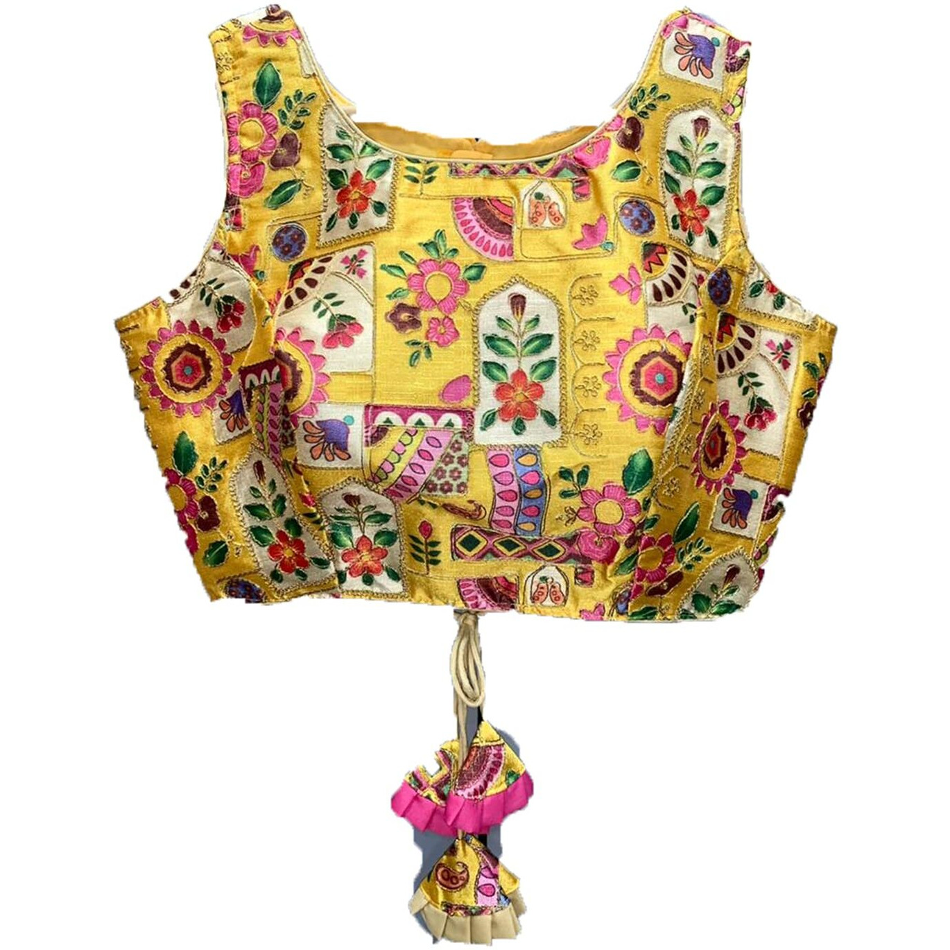 Vihu Fashion Women's Phanotm Silk Floral Sleeveless Saree Blouse (Yellow, 34)