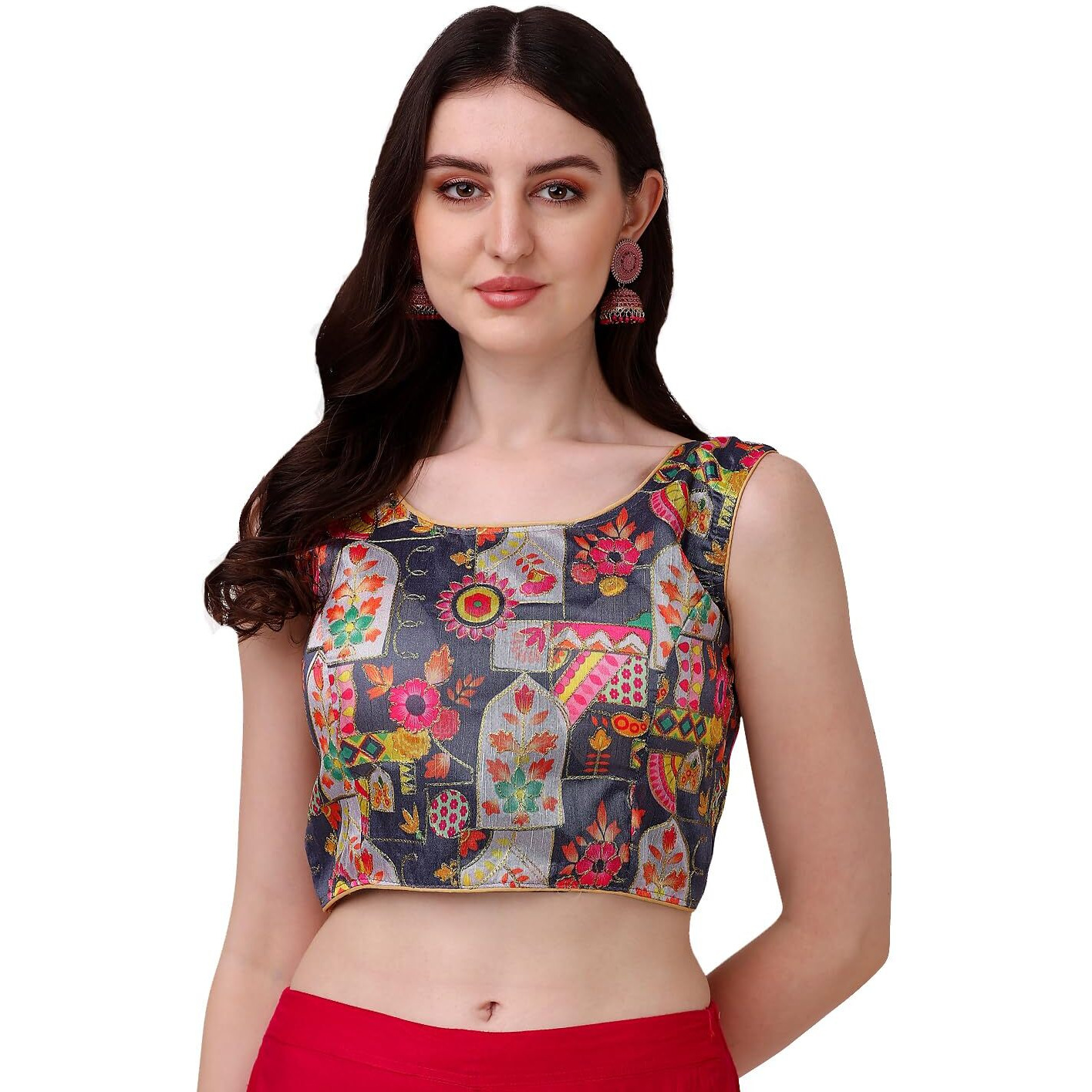 Vihu Fashion Women's Phanotm Silk Floral Sleeveless Saree Blouse (Position Print 1 Blouse_Grey_38 Size)