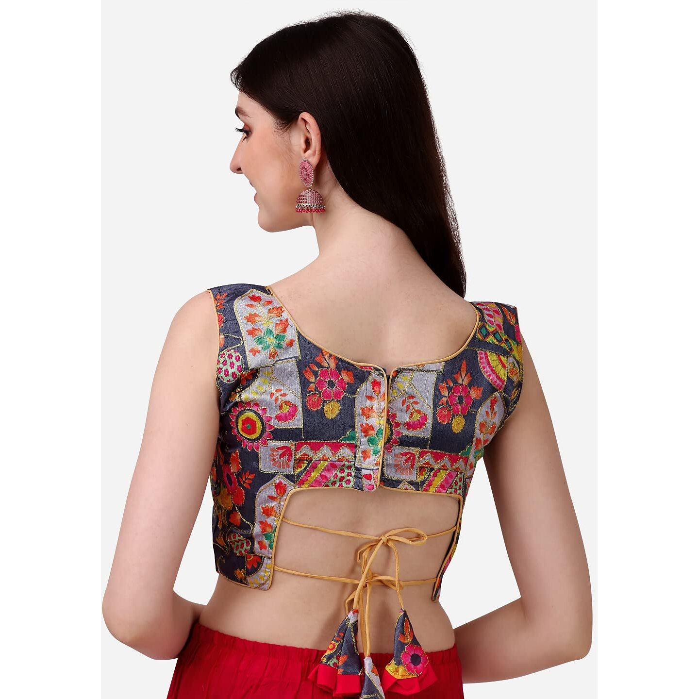 Vihu Fashion Women's Phanotm Silk Floral Sleeveless Saree Blouse (Position Print 1 Blouse_Grey_38 Size)
