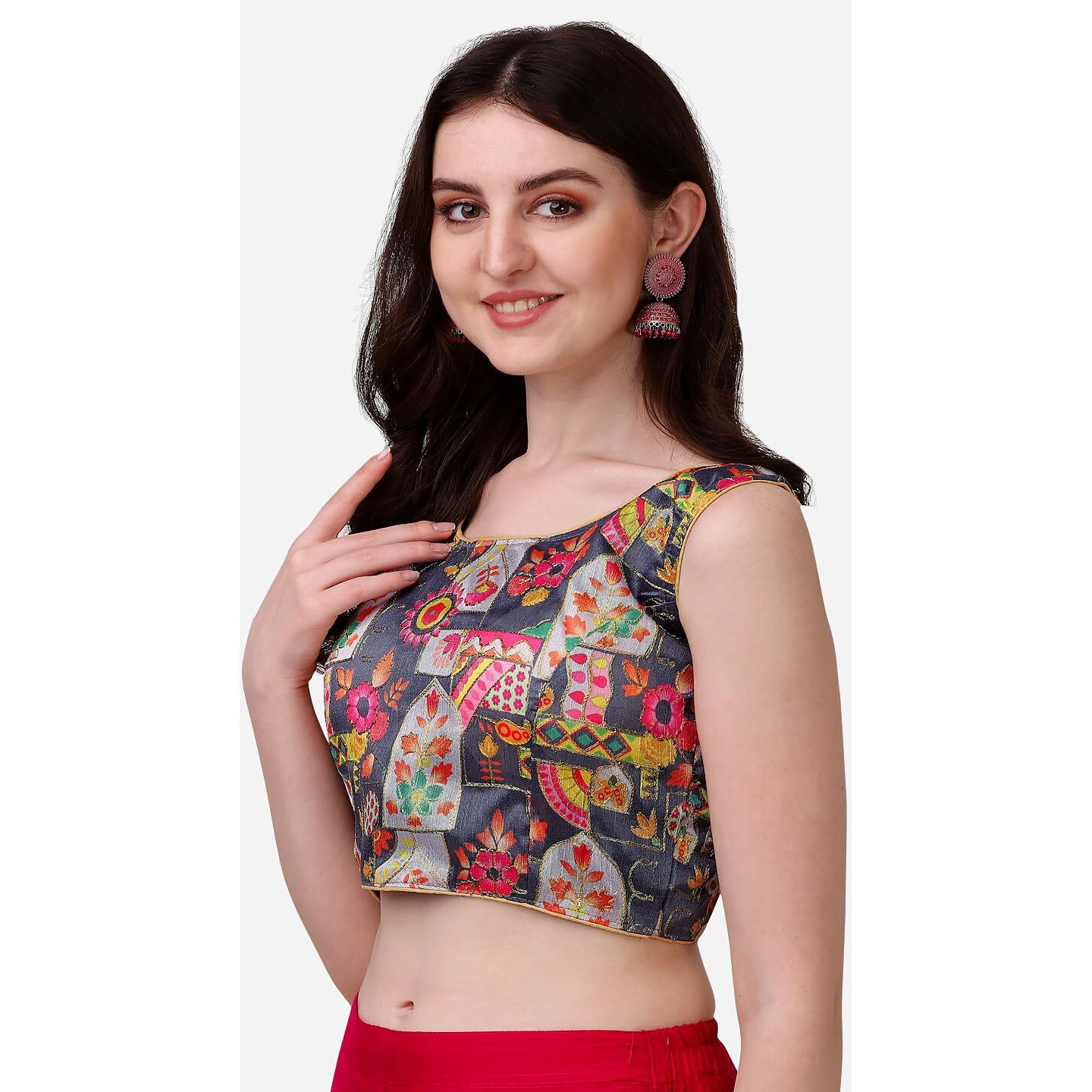 Vihu Fashion Women's Phanotm Silk Floral Sleeveless Saree Blouse (Position Print 1 Blouse_Grey_38 Size)