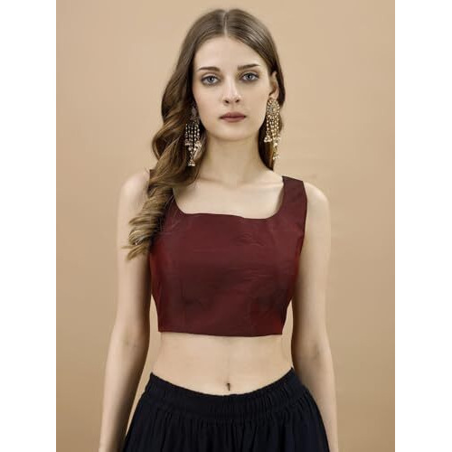 Womanista Women's Tafeta Solid Sleeveless Regular Fit Sequinned Blouse (BLS_52_Maroon XL)