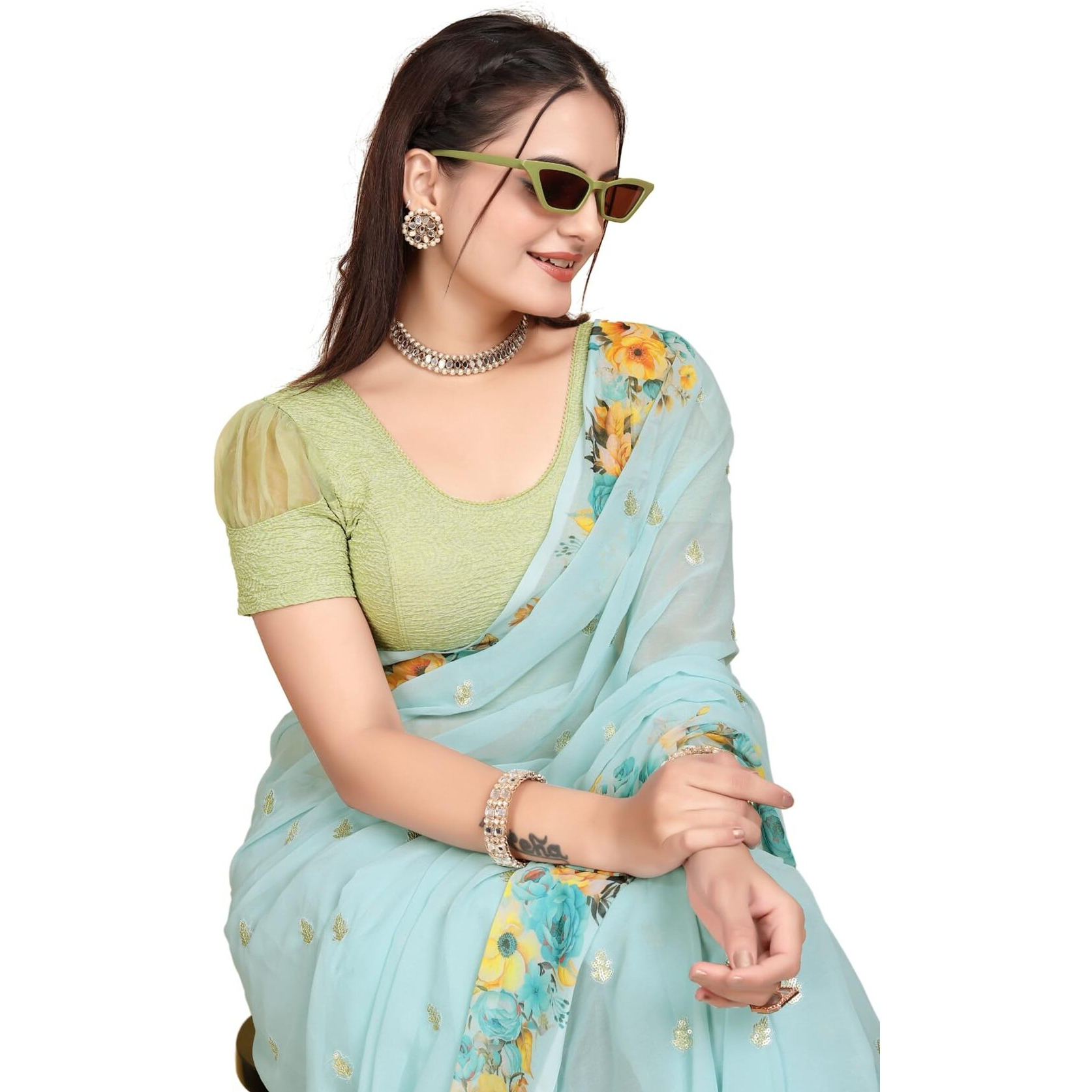 Sft Short Sleeve with Organza Patch Sleeve Readymade Saree Blouse for Women Stylish (CH1095