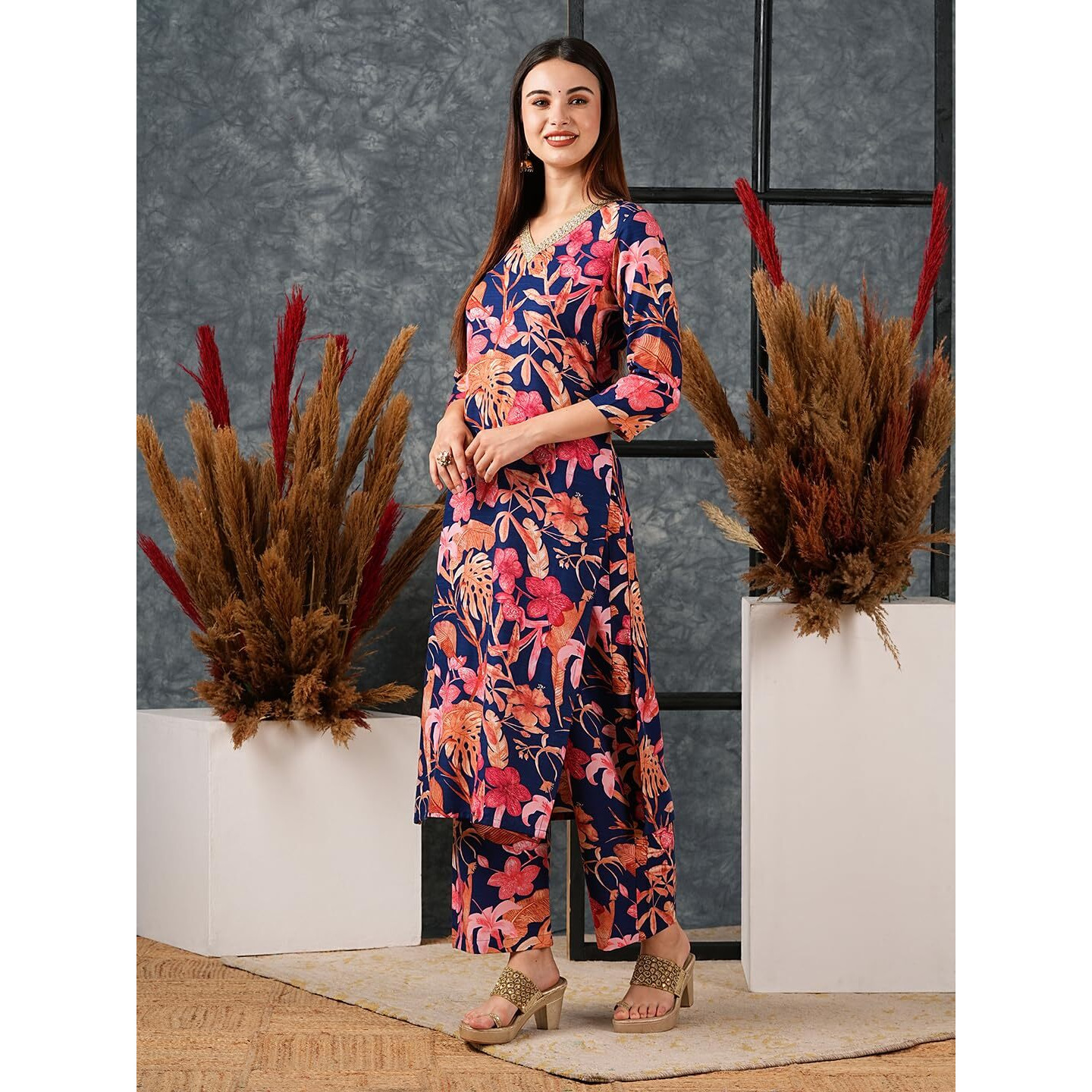GoSriKi Women's Cotton Blend Straight Printed Kurta with Palazzo (Chinki Blue-GS_XXL_Blue_XX-Large)
