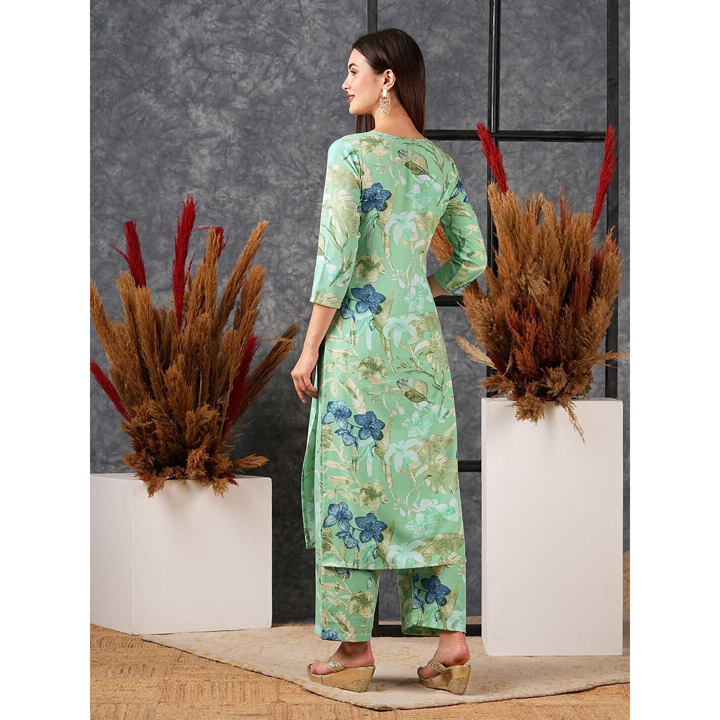 GoSriKi Women's Cotton Blend Straight Printed Kurta with Palazzo (Chinki Pista-GS_S_Pista_Small)