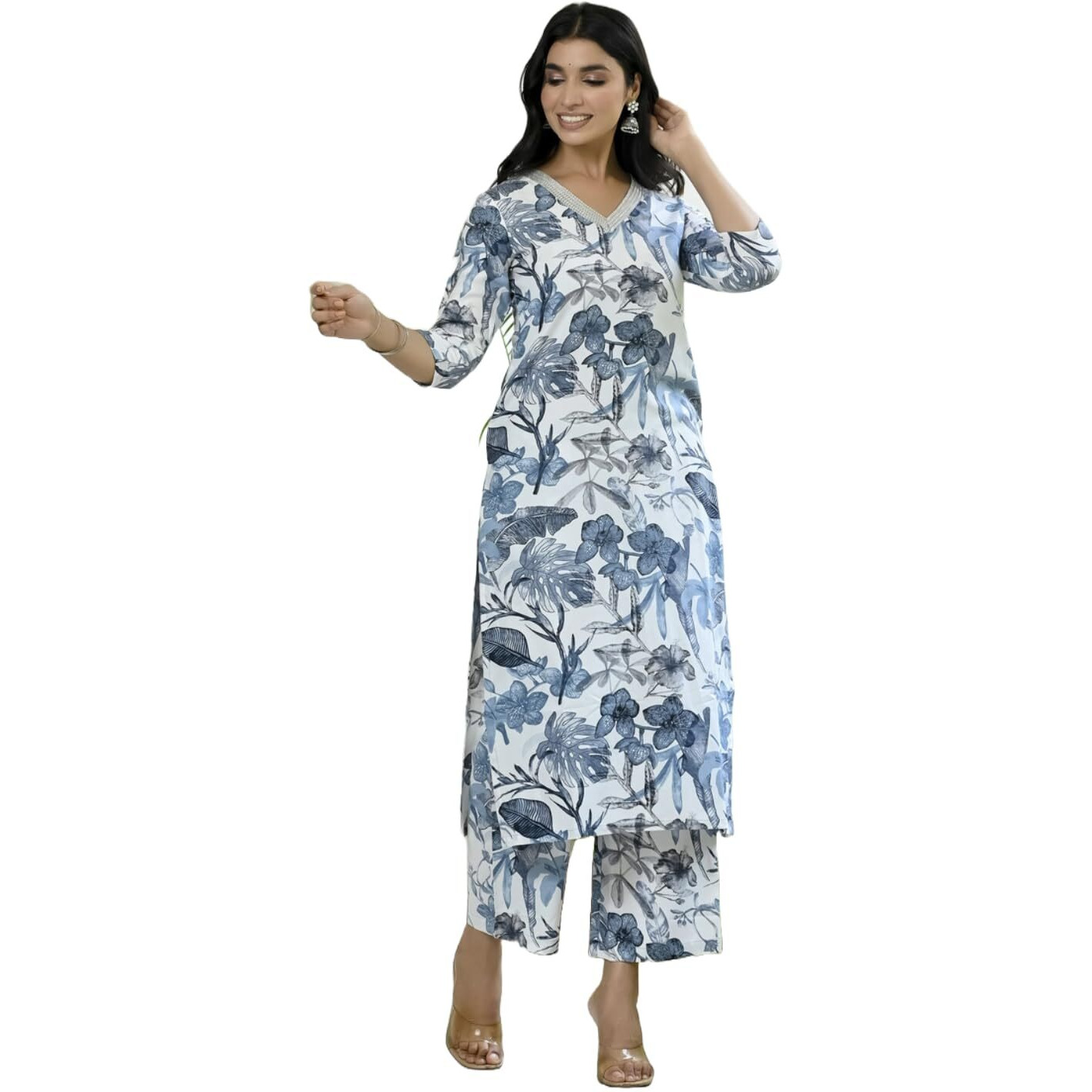 GoSriKi Women's Cotton Blend Straight Printed Kurta with Palazzo (Chinki White-GS_M_White_Medium)