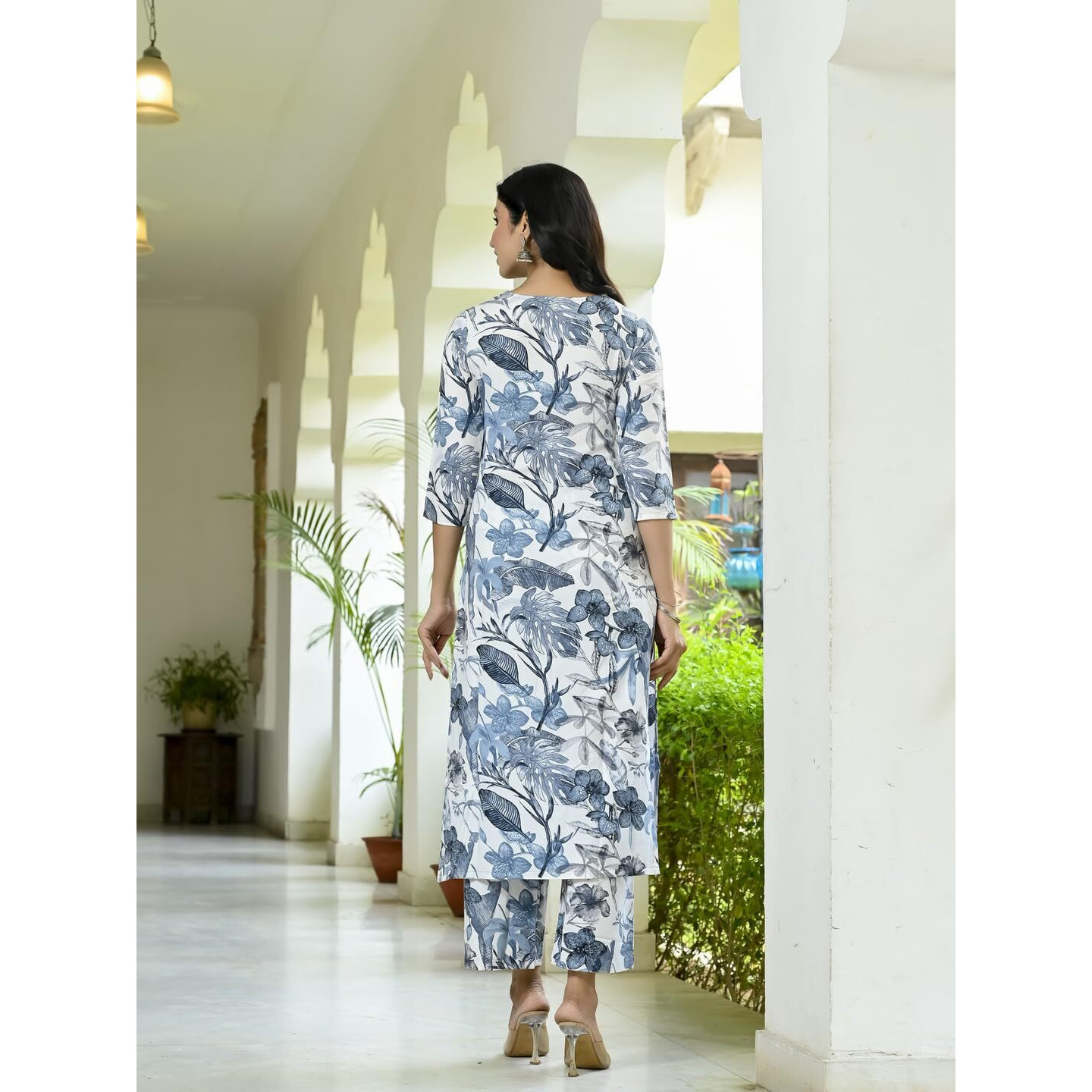 GoSriKi Women's Cotton Blend Straight Printed Kurta with Palazzo (Chinki White-GS_M_White_Medium)