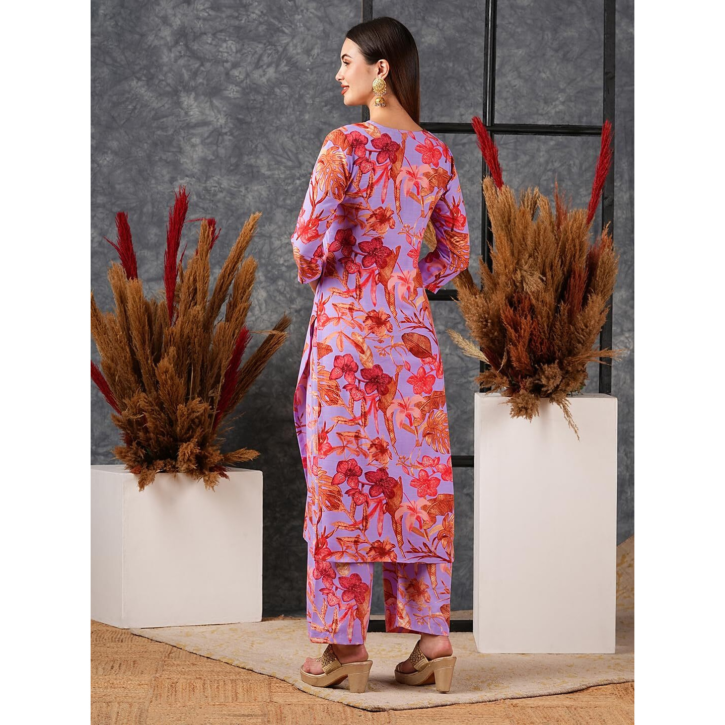GoSriKi Women's Cotton Blend Straight Printed Kurta with Palazzo (Chinki Purple-GS_L_Purple_Large)