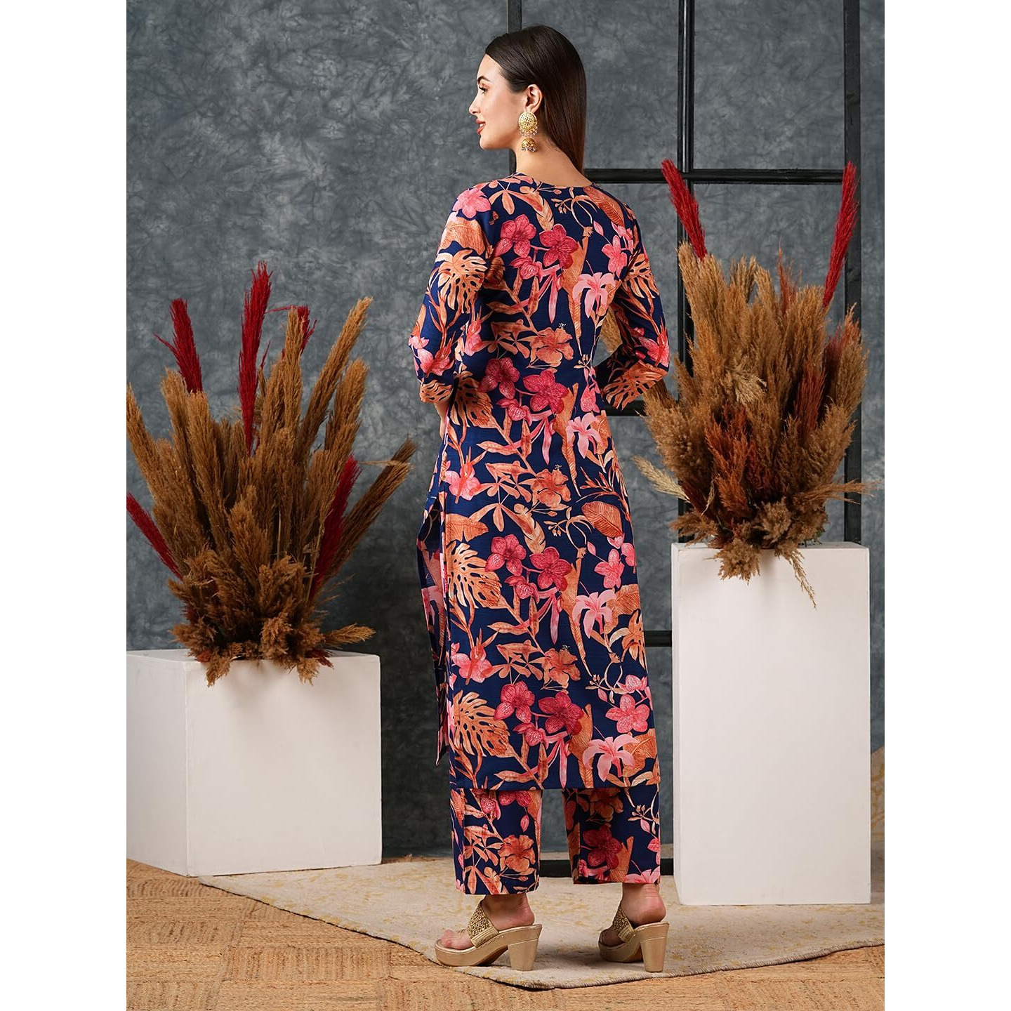GoSriKi Women's Cotton Blend Straight Printed Kurta with Palazzo (Chinki Blue-GS_XL_Blue_X-Large)