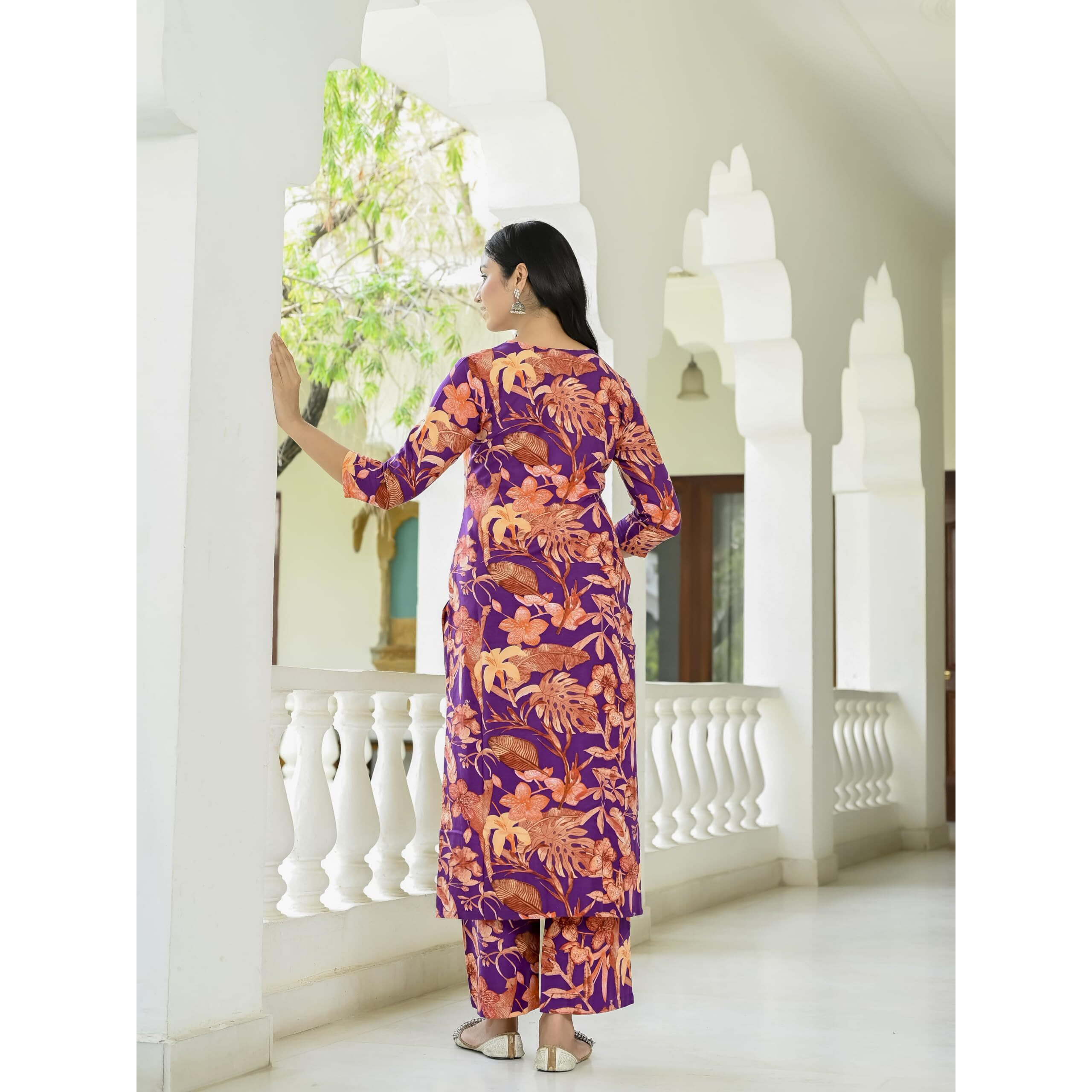 GoSriKi Women's Cotton Blend Straight Printed Kurta with Palazzo (Chinki Begani-GS_XL_Begani_X-Large)