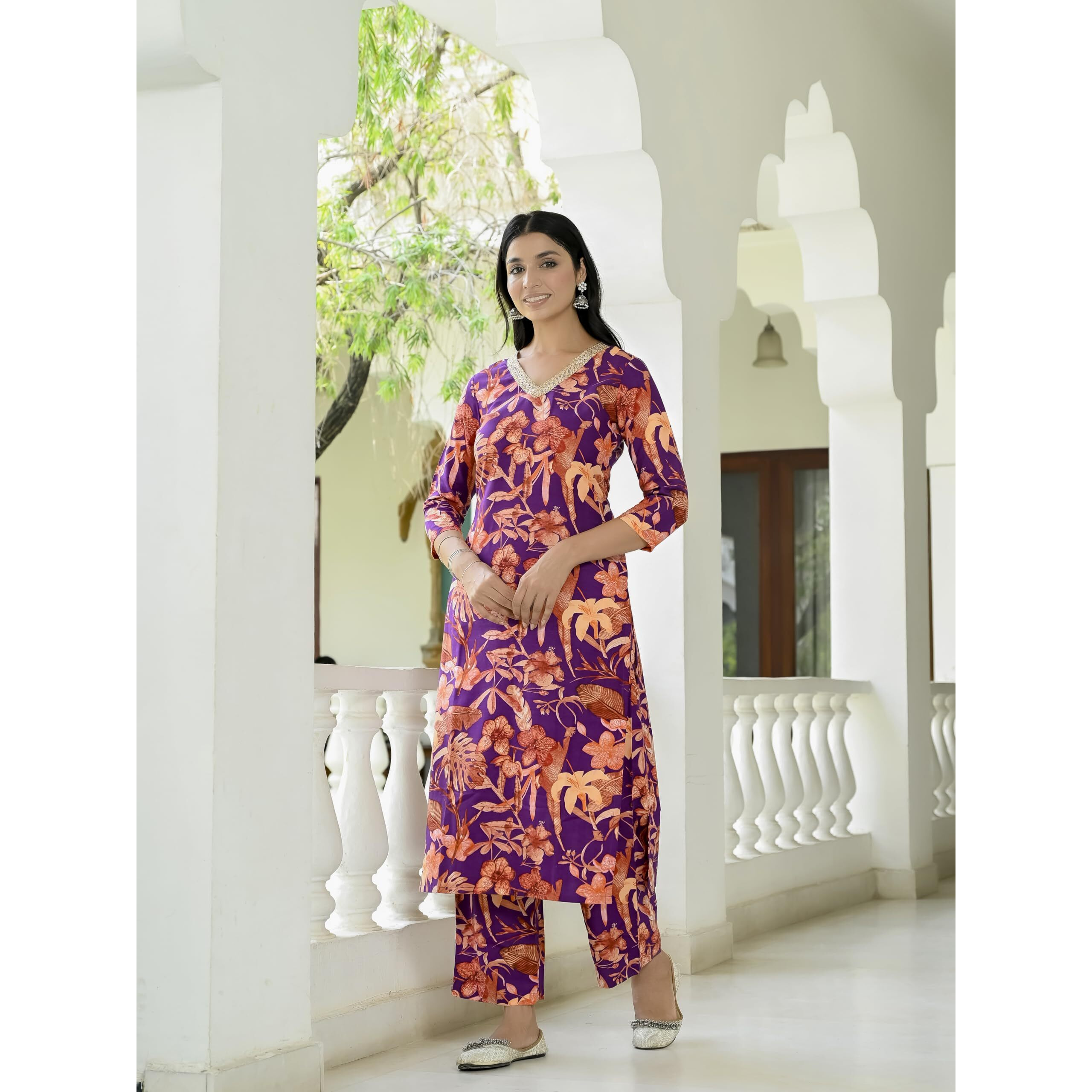 GoSriKi Women's Cotton Blend Straight Printed Kurta with Palazzo (Chinki Begani-GS_XL_Begani_X-Large)