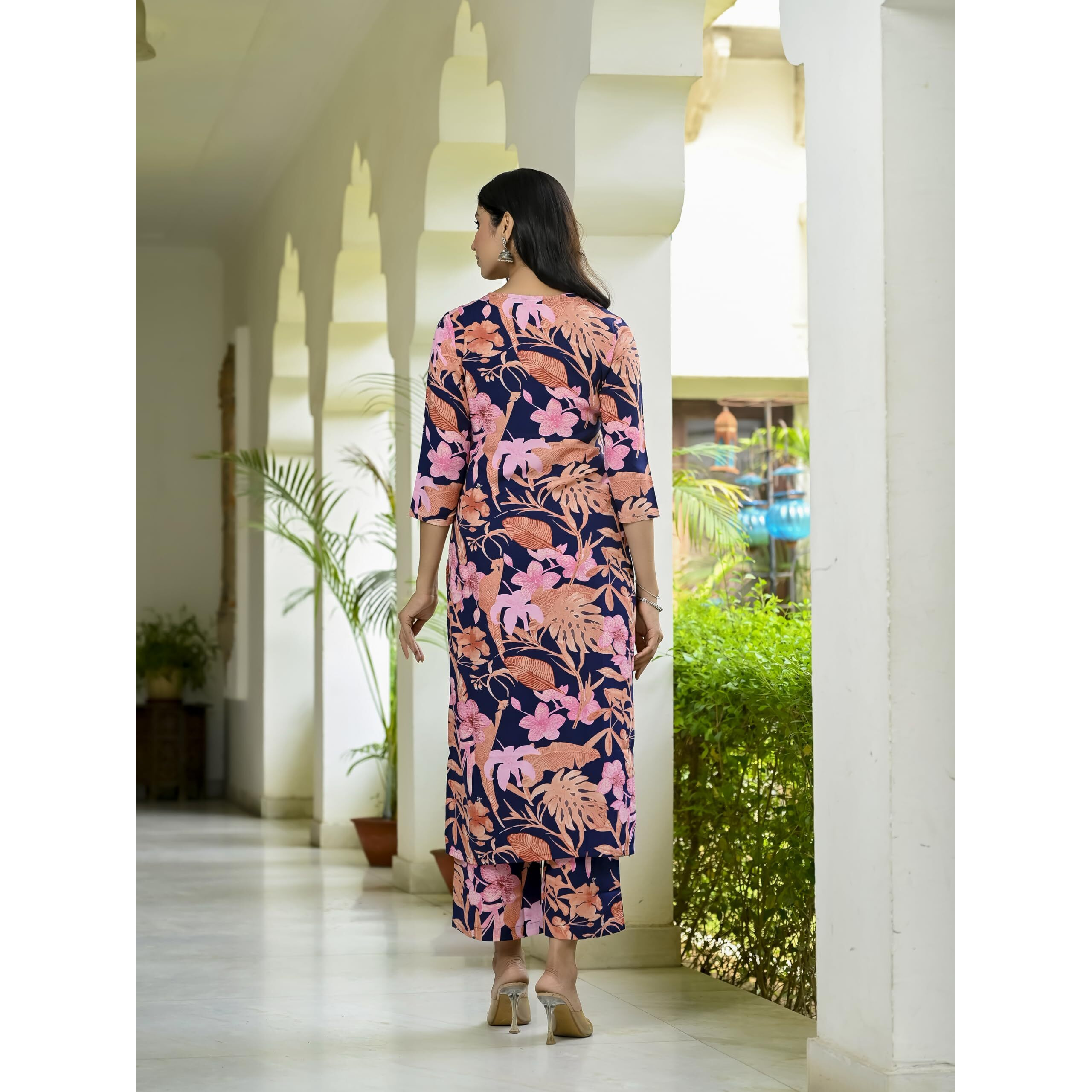 GoSriKi Women's Cotton Blend Printed Straight Kurta with Palazzo (Chinki Green-GS_Navy Blue