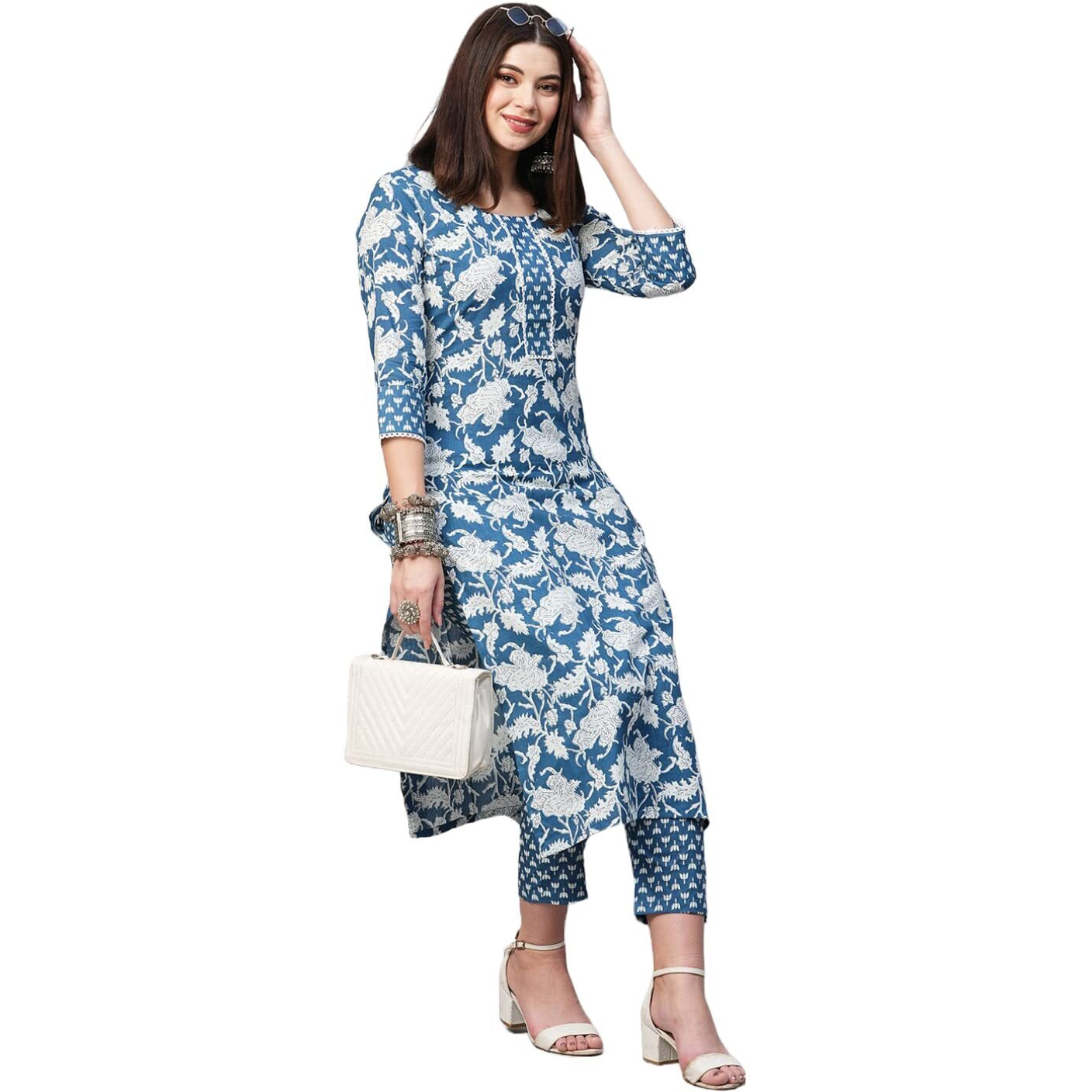 ANNI DESIGNER Women's Cotton Blend Printed Straight Kurta with Pant (Pustak Blue-GNw_S_White/Blue_Small)