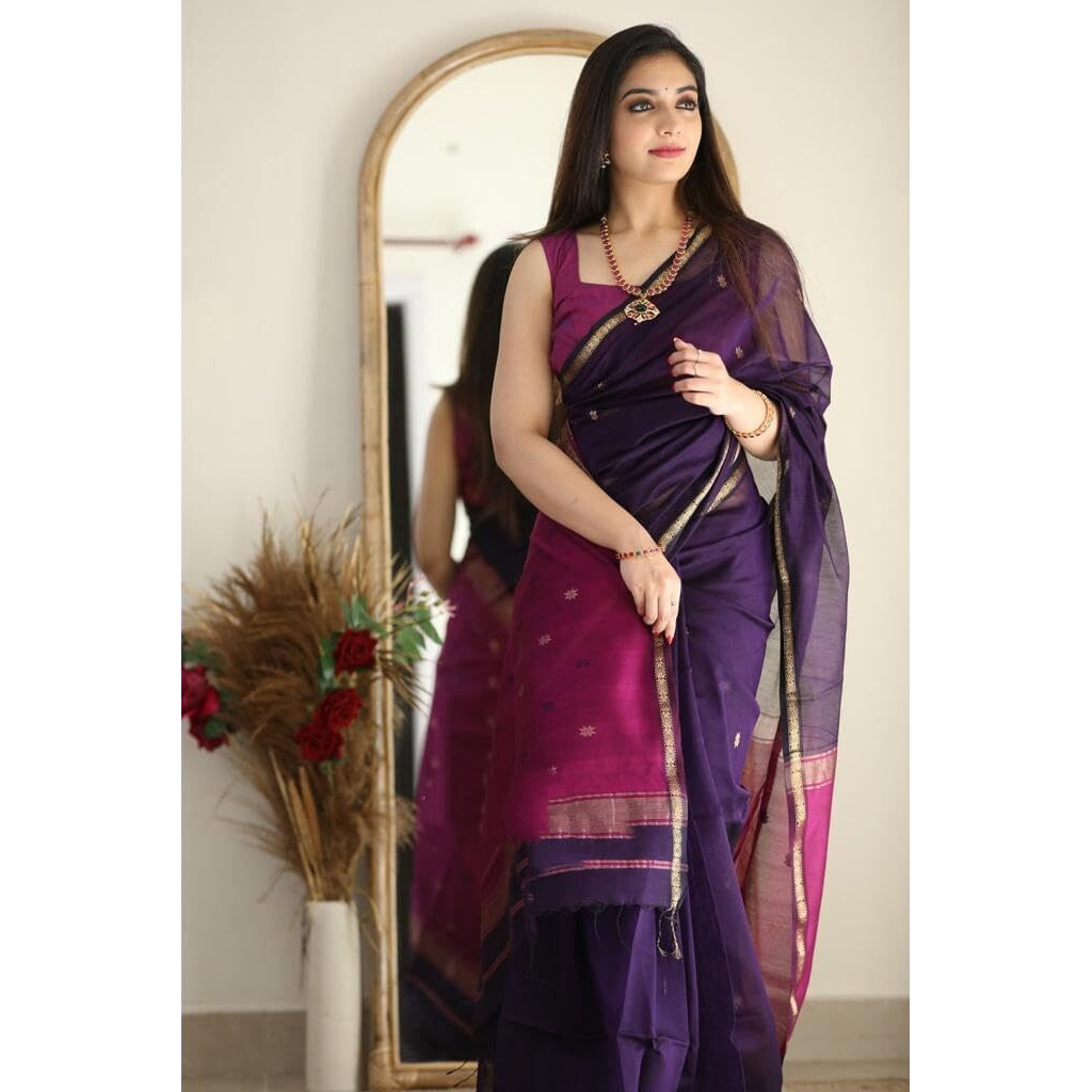 Flosive Women's Mix Color & Golden Kanjivaram Wedding Saree With Blouse (NAVY BLUE)