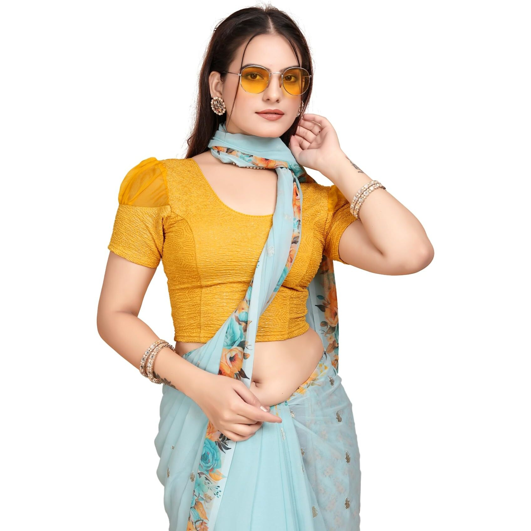 Sft Short Sleeve with Organza Patch Sleeve Readymade Saree Blouse for Women Stylish (CH1095