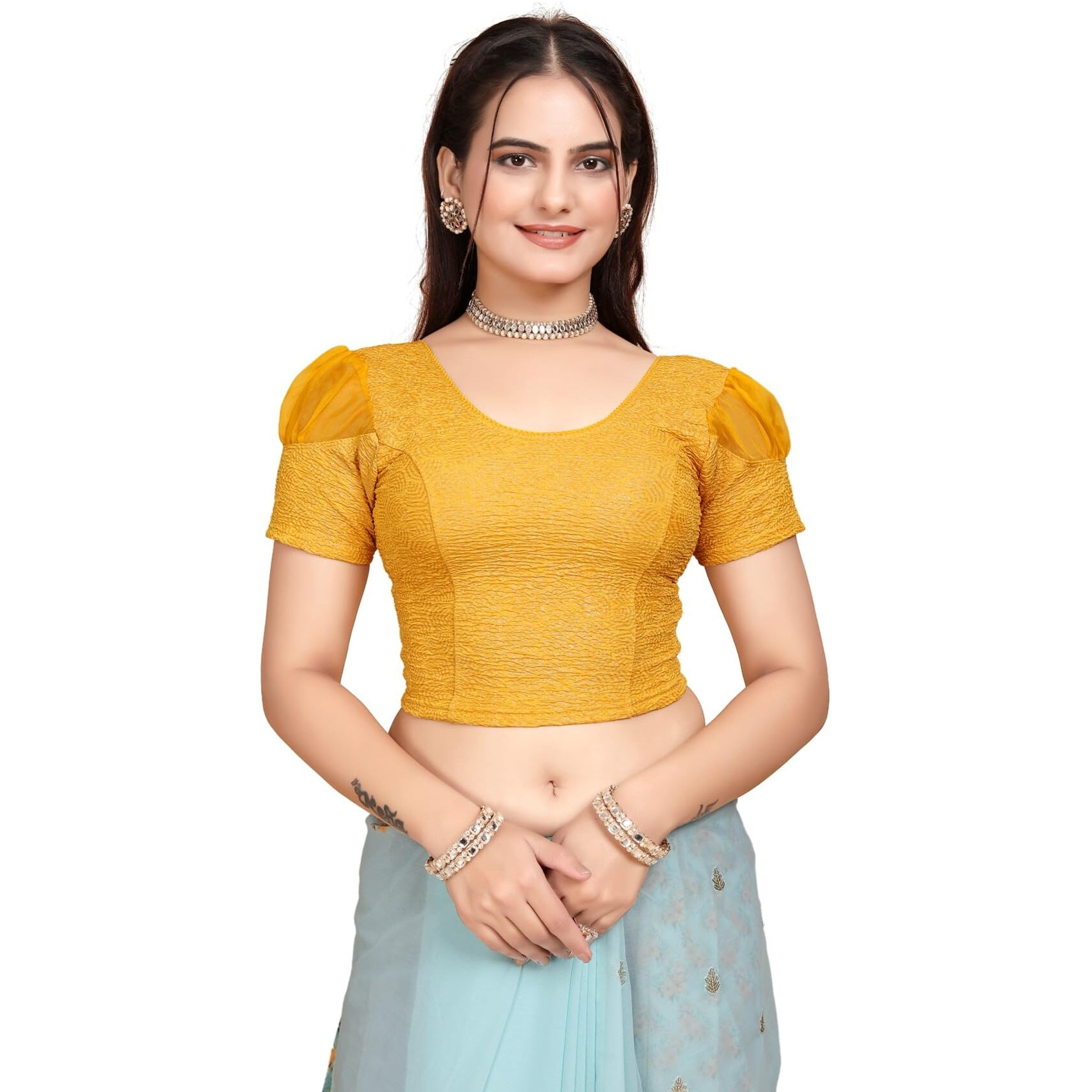 Sft Short Sleeve with Organza Patch Sleeve Readymade Saree Blouse for Women Stylish (CH1095