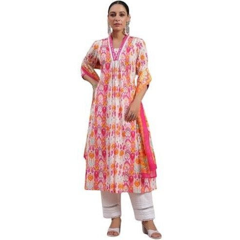 GRECIILOOKS Women's Rayon A-Line Printed V-Neck Kurta With Palazzo & Dupatta | Ethnic Set | Dupatta Set | Suit Set | Kurta And Pant Set (IN, Alpha, S, Regular, PINK)