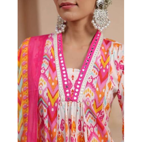 GRECIILOOKS Women's Rayon A-Line Printed V-Neck Kurta With Palazzo & Dupatta | Ethnic Set | Dupatta Set | Suit Set | Kurta And Pant Set (IN, Alpha, S, Regular, PINK)
